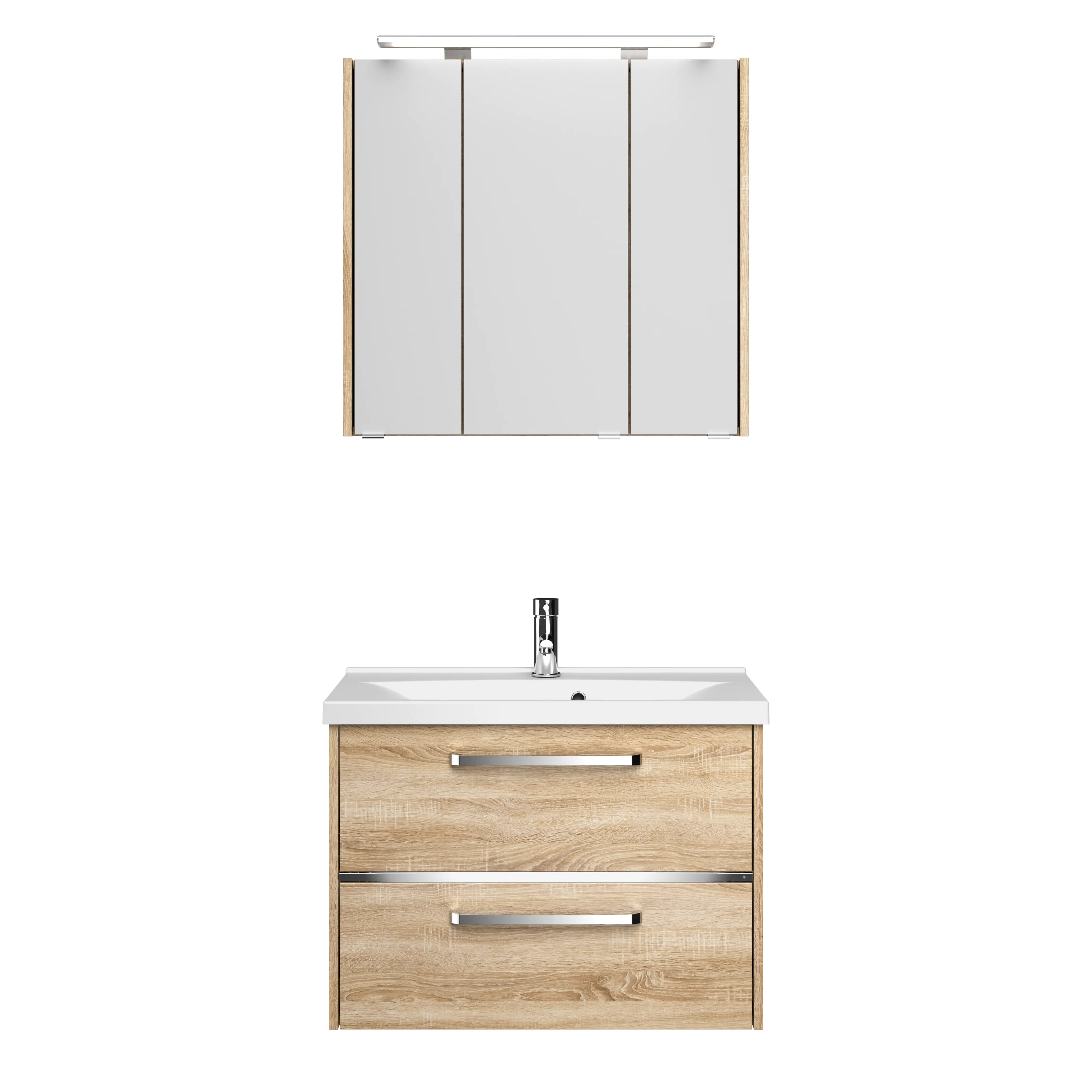 Primaster Badmöbelset Berlin eiche 77 cm LED-Leuchten, Mineralgusswaschtisch