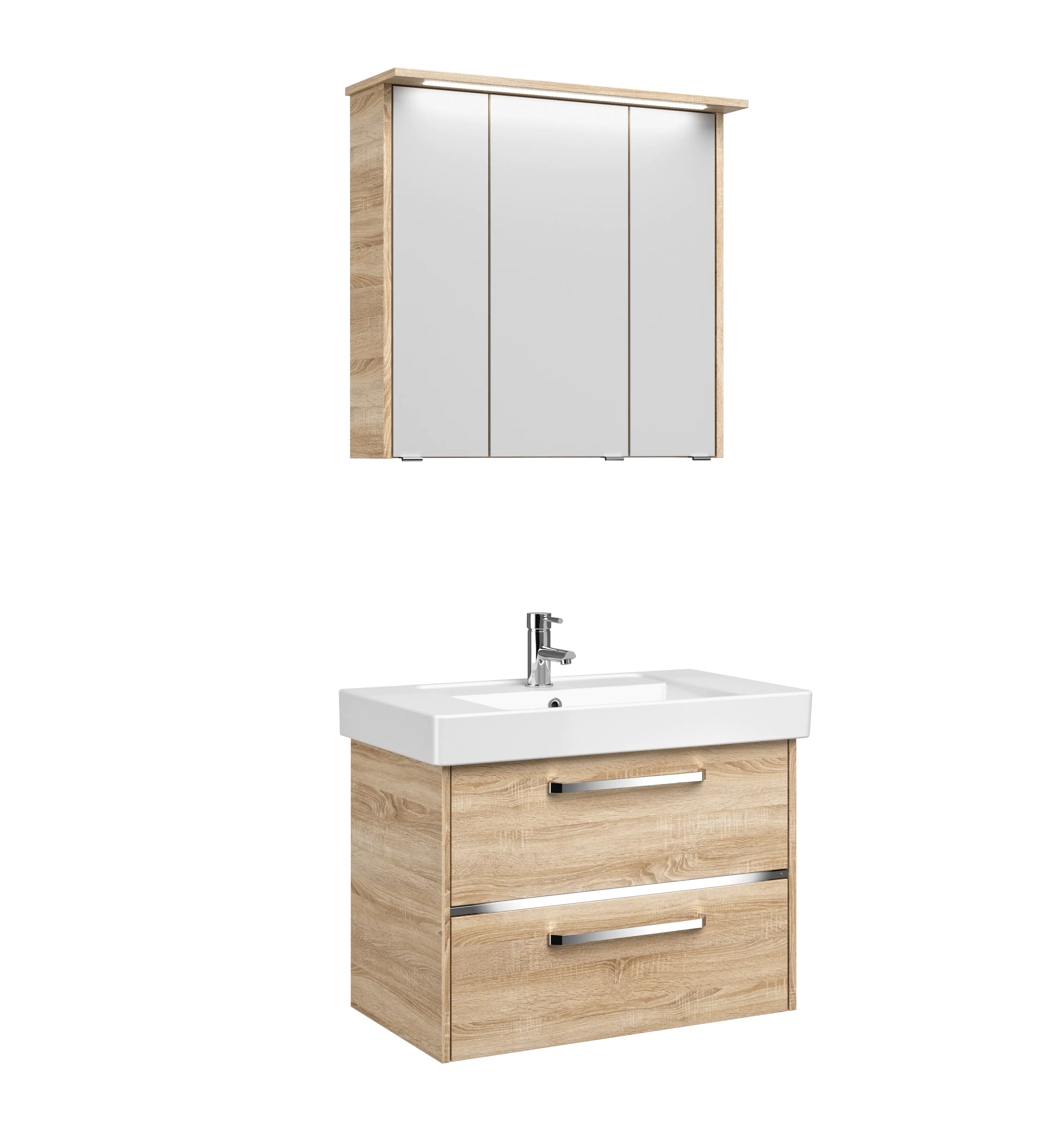 Primaster Badmöbelset Berlin eiche 80 cm Twin LED, Keramikwaschtisch