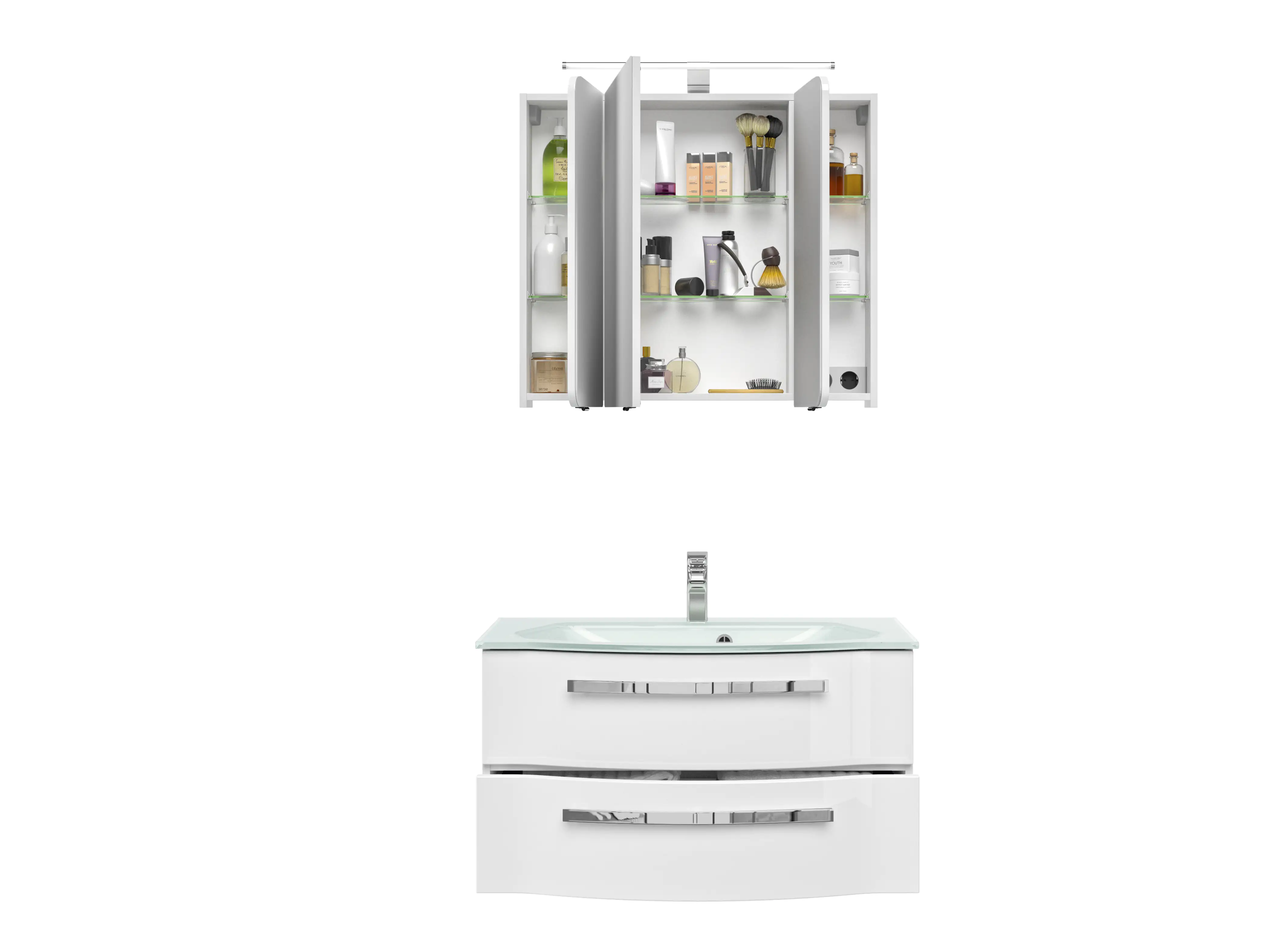 Pelipal Badmöbel-Set 4005 Lack polarweiß Hgl mit Glas-Waschtisch + LED-Leuchte 92 cm