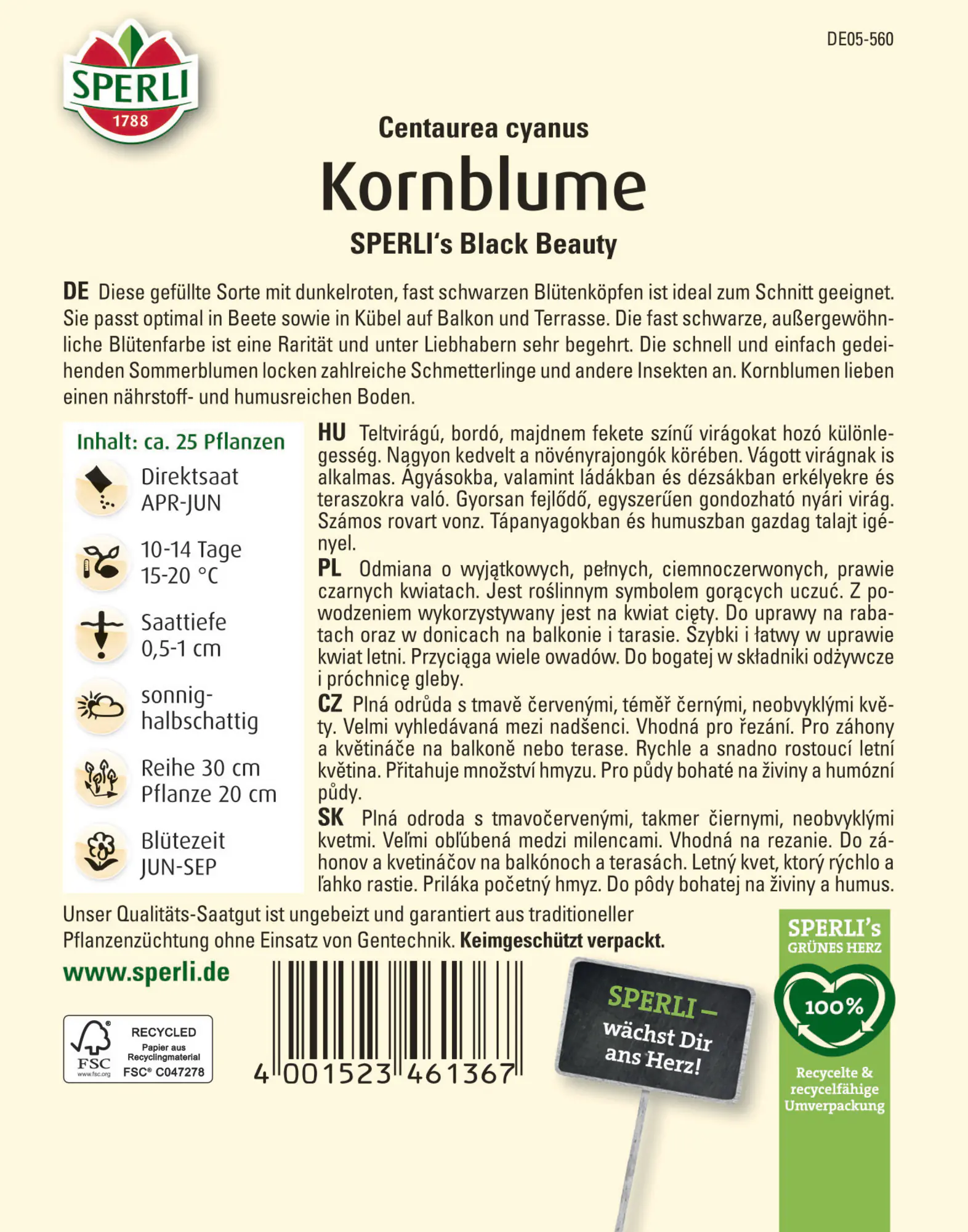 Sperli Saatgut Kornblume Black Beauty für ca. 1-2 m²