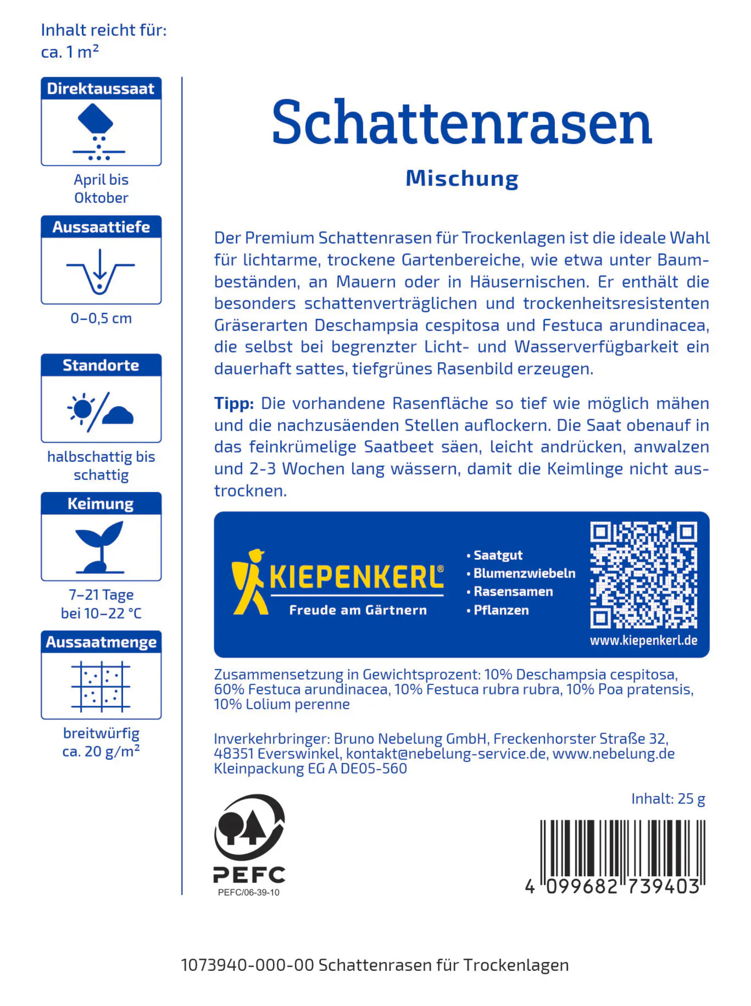 Kiepenkerl Profi-Line Saatgut Schattenrasen Premium trocken 25 g für ca. 1 m²