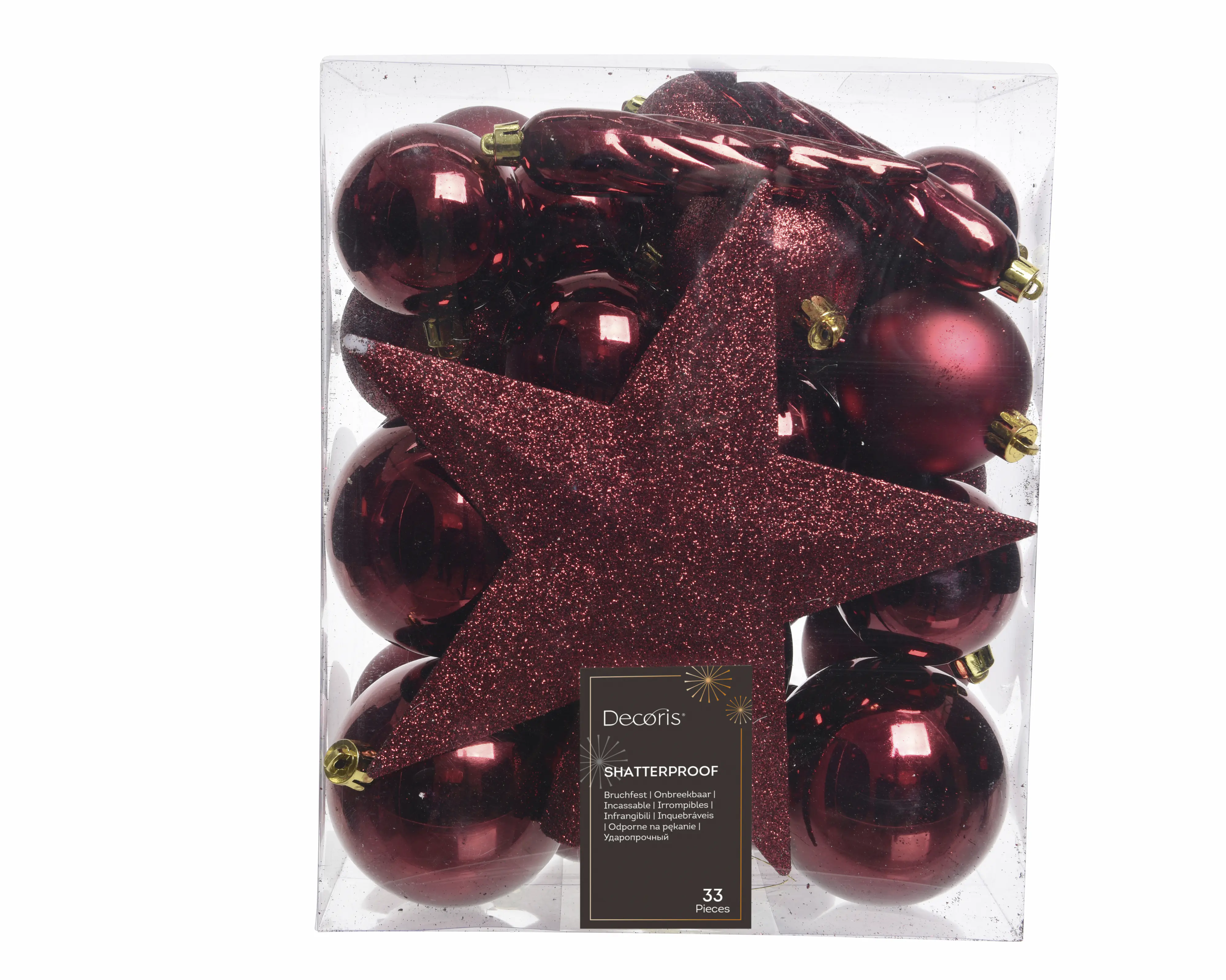 Decoris Weihnachtskugeln-Set aus Kunststoff Ø 8 cm ochsenblut 33-teilig