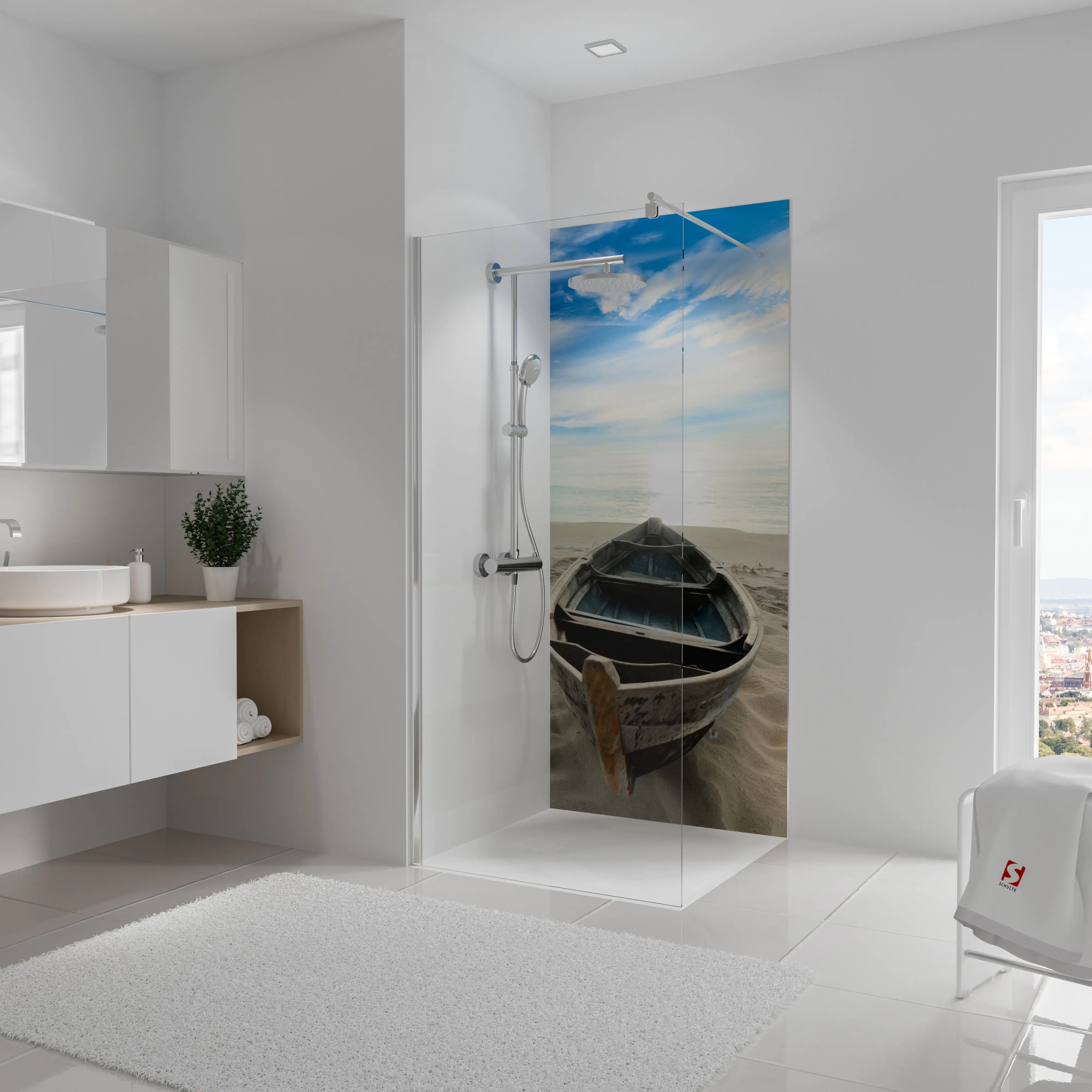 Schulte Duschrückwand Eck Ruderboot am Strand 90 x 210 cm