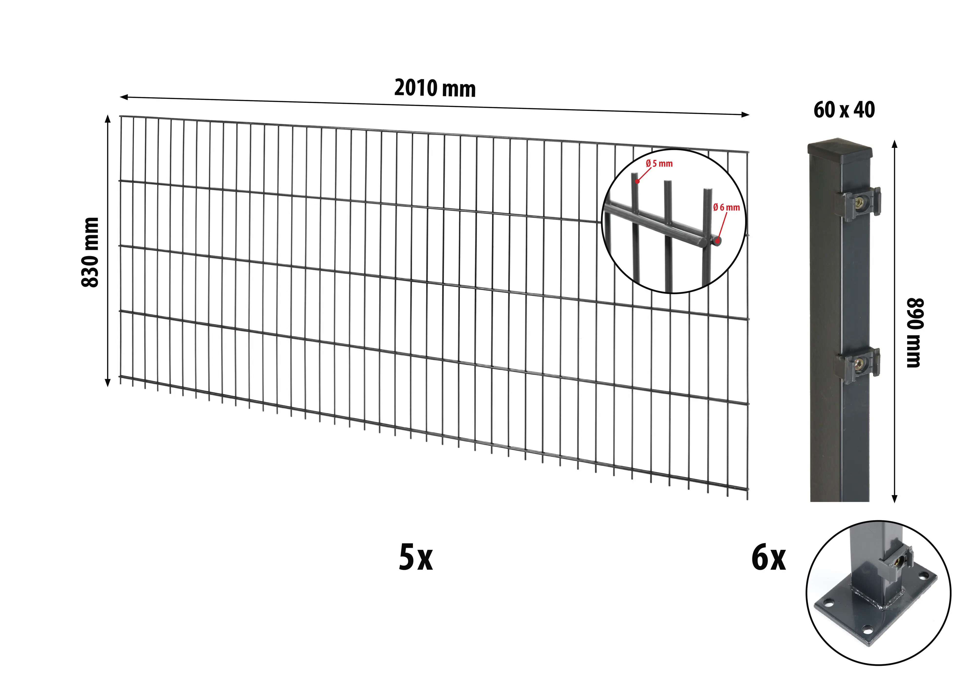 Floraworld Doppelstabmatten-Zaun Set Comfort 10 m 201 x 83 cm mit Bodenplatte inkl. 6 Pfosten 89 cm anthrazit