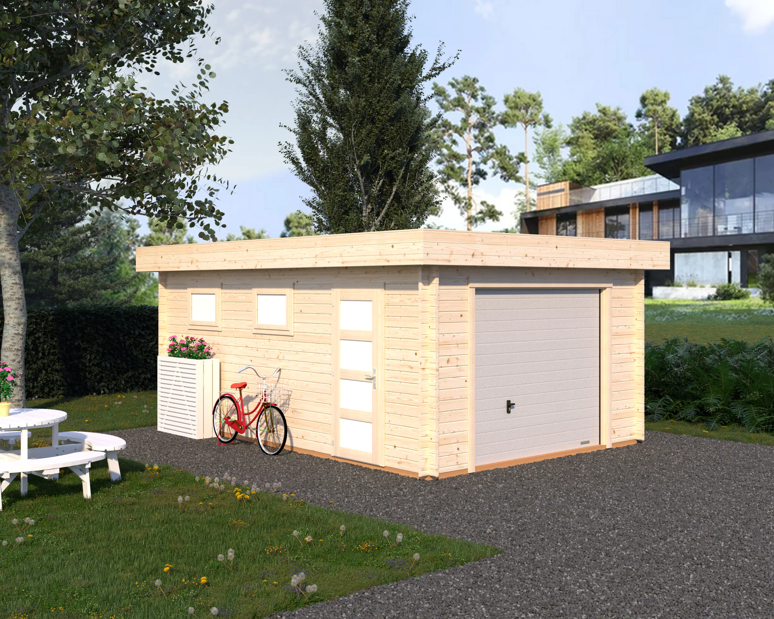 Palmako Fertiggarage Rasmus 360 x 550 cm mit Sektionaltor naturbelassen