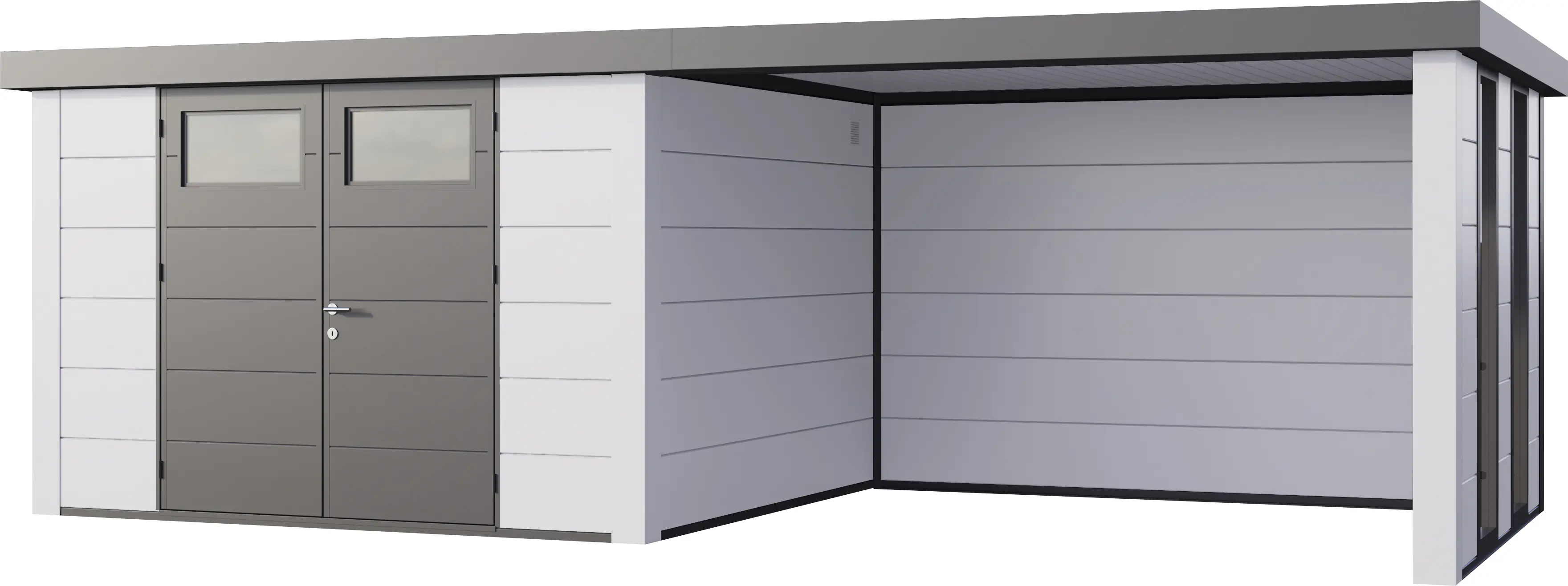 Telluria Gerätehaus Classico Lounge L mit Fenstern 3330 rechts EW weiß 672 x 298 cm