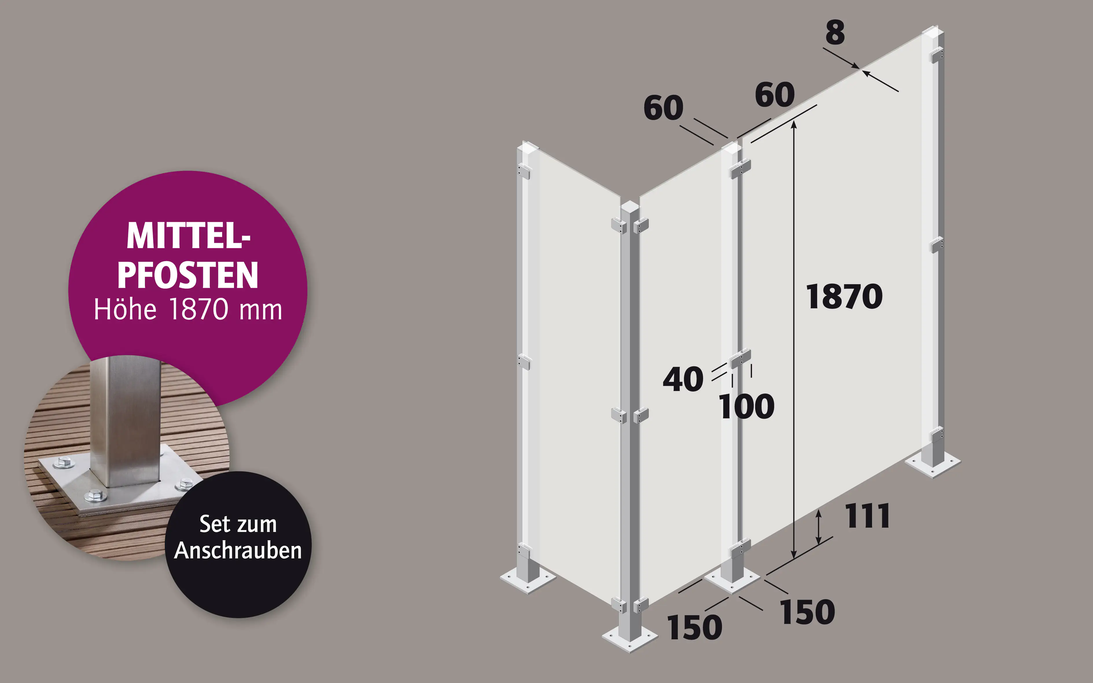 Ambiente Mittelpfosten-Set zum ANSCHRAUBEN 187 cm 6 x 6 cm Edelstahl V2A