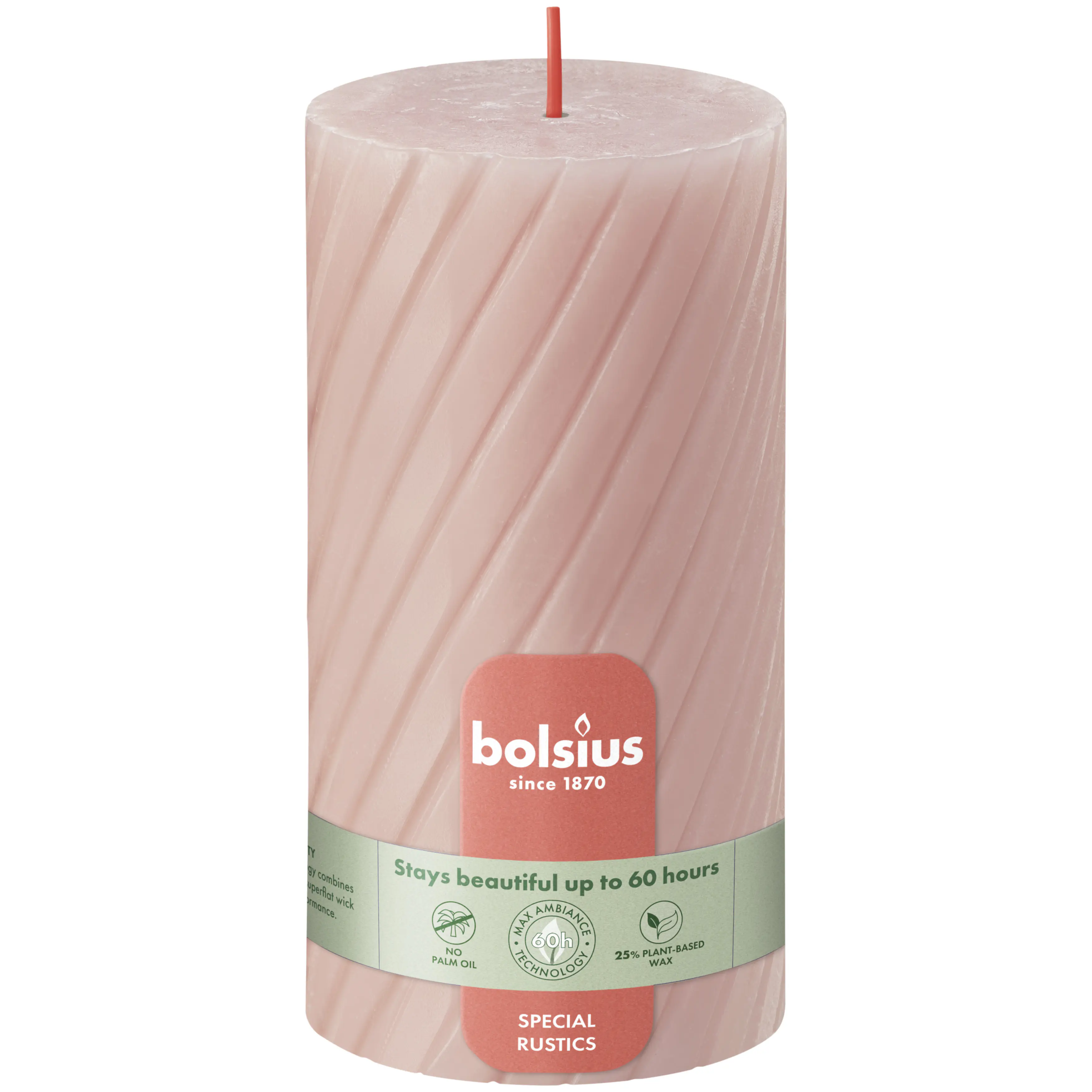 Bolsius Stumpenkerze Rustik geriffelt Ø 6,8 x 13 cm nebliges rosa
