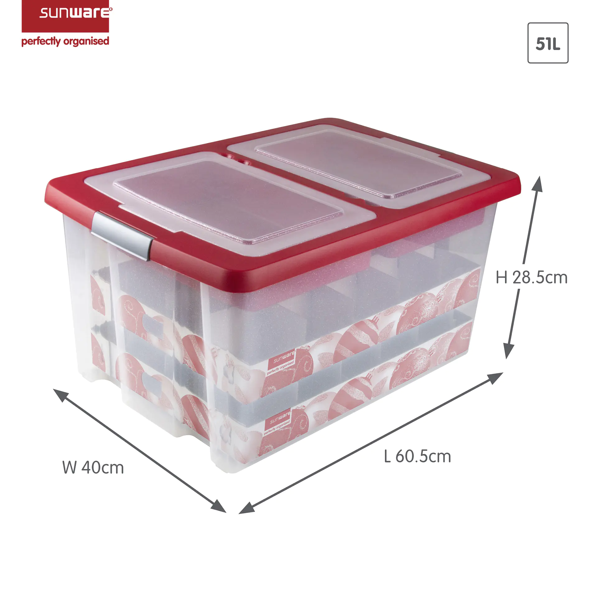 Sunware Weihnachtsbox Nesta 51L mit Einsatz für 40 Kugeln transparent rot