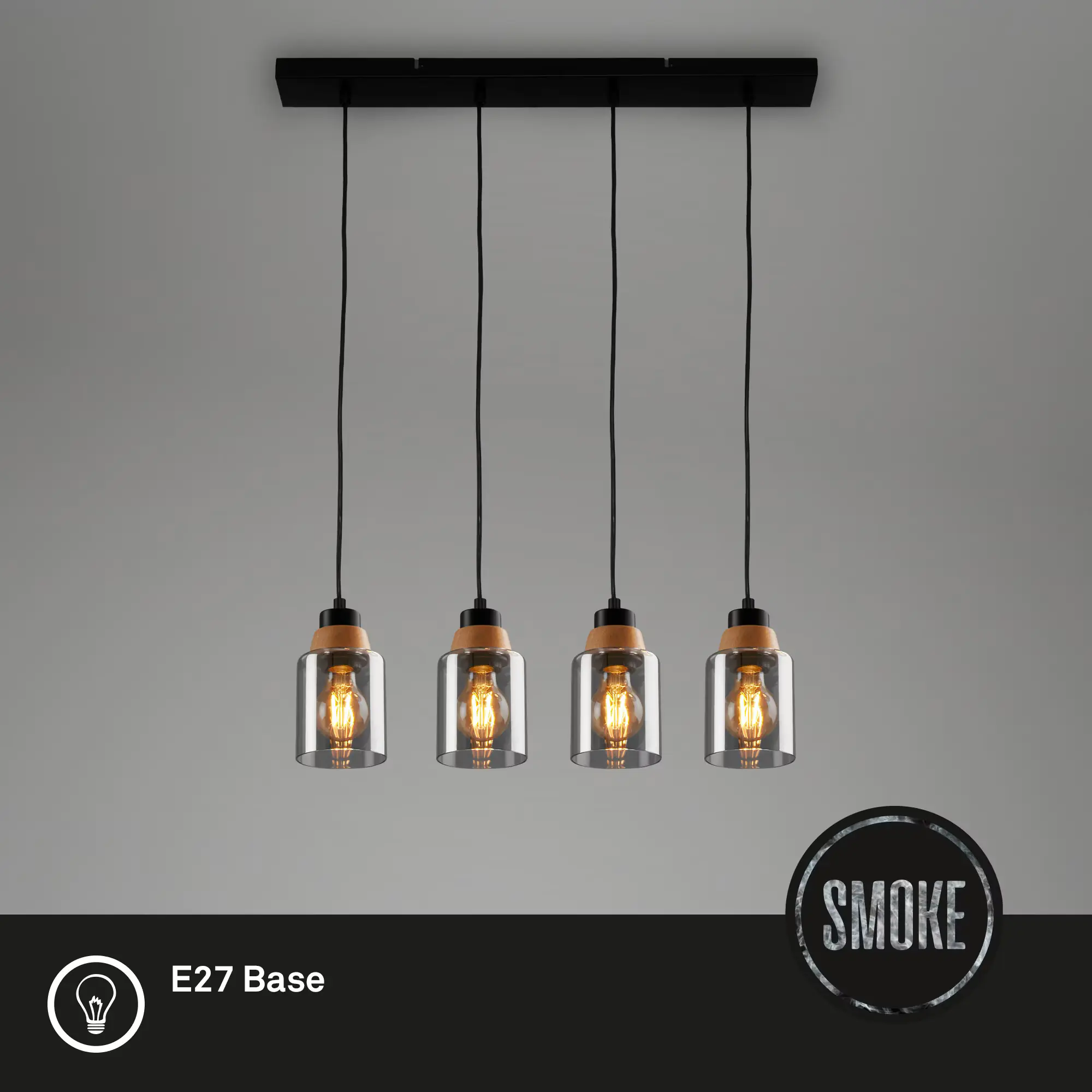 Briloner Pendelleuchte mit Holz Rauchglas 4xE27