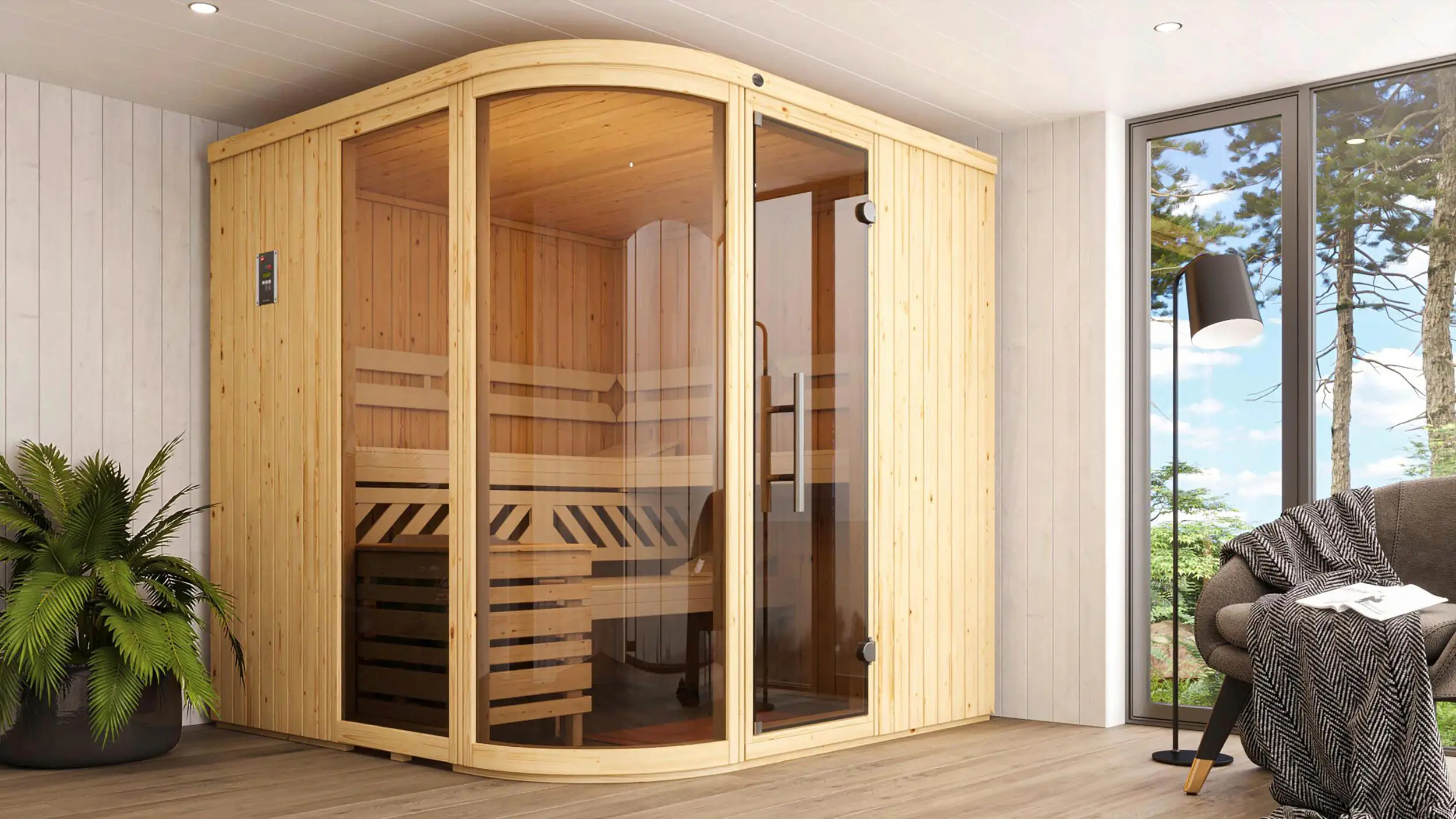 Weka Element-Designsauna Sara 2 Set 1 mit Glastür 2 Fenstern und OS Saunaofen