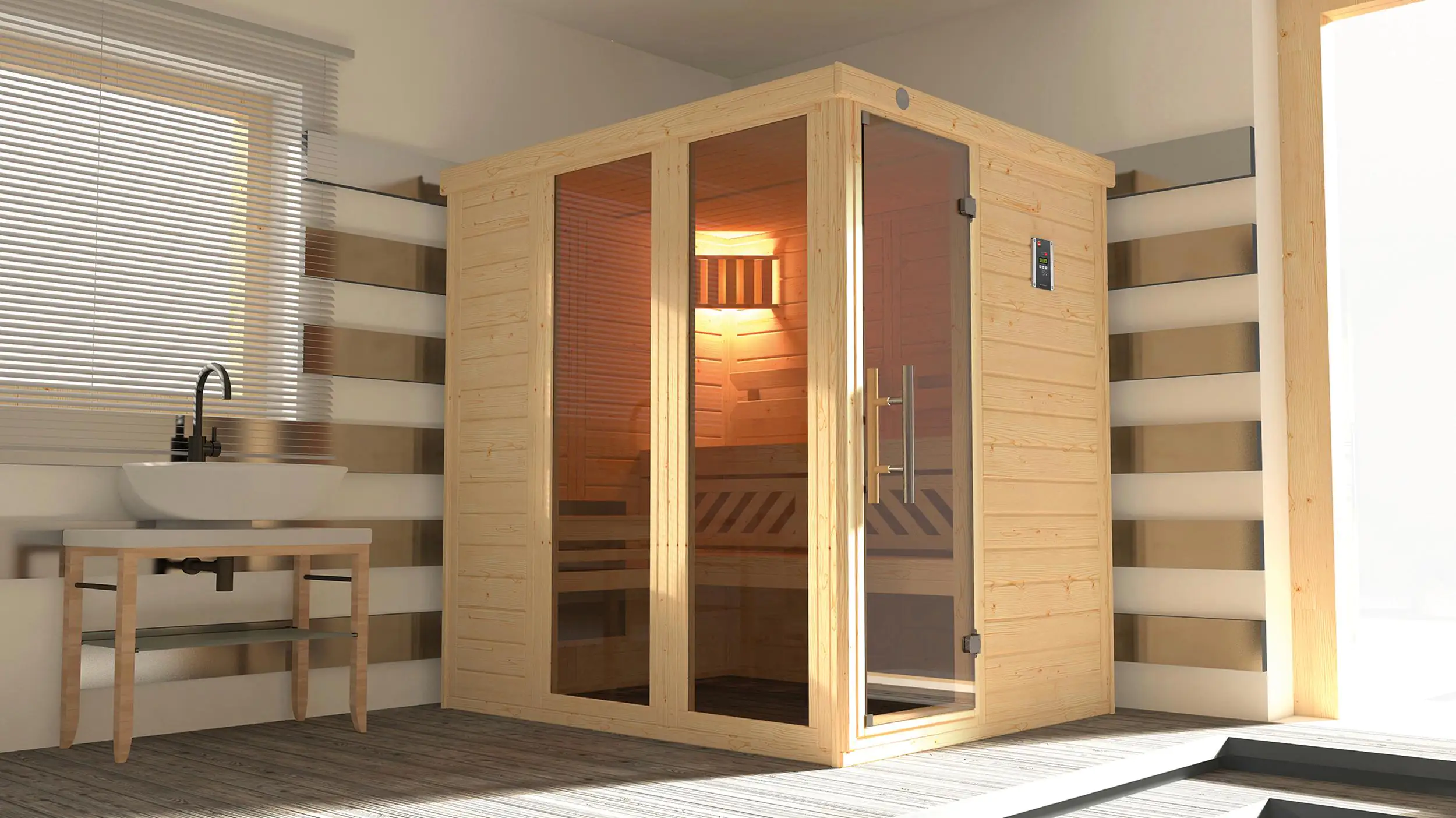 Weka Massivholz Elementsauna Kemi Panorama 1 mit Glastür 2 Fenstern BioS Saunaofen