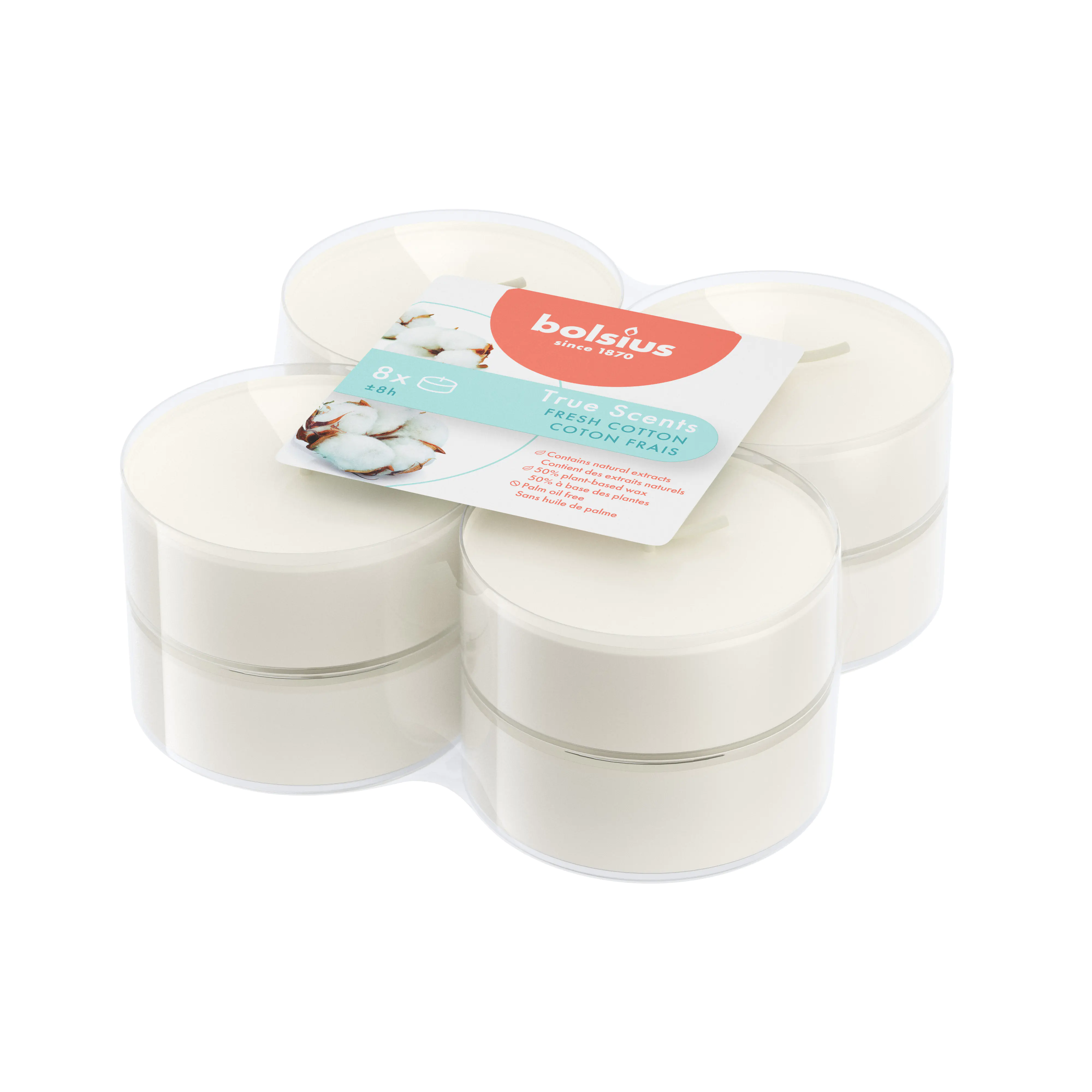 Bolsius Maxi-Teelichter weiß 8h True Scents Fresh Cotton 8er Pack