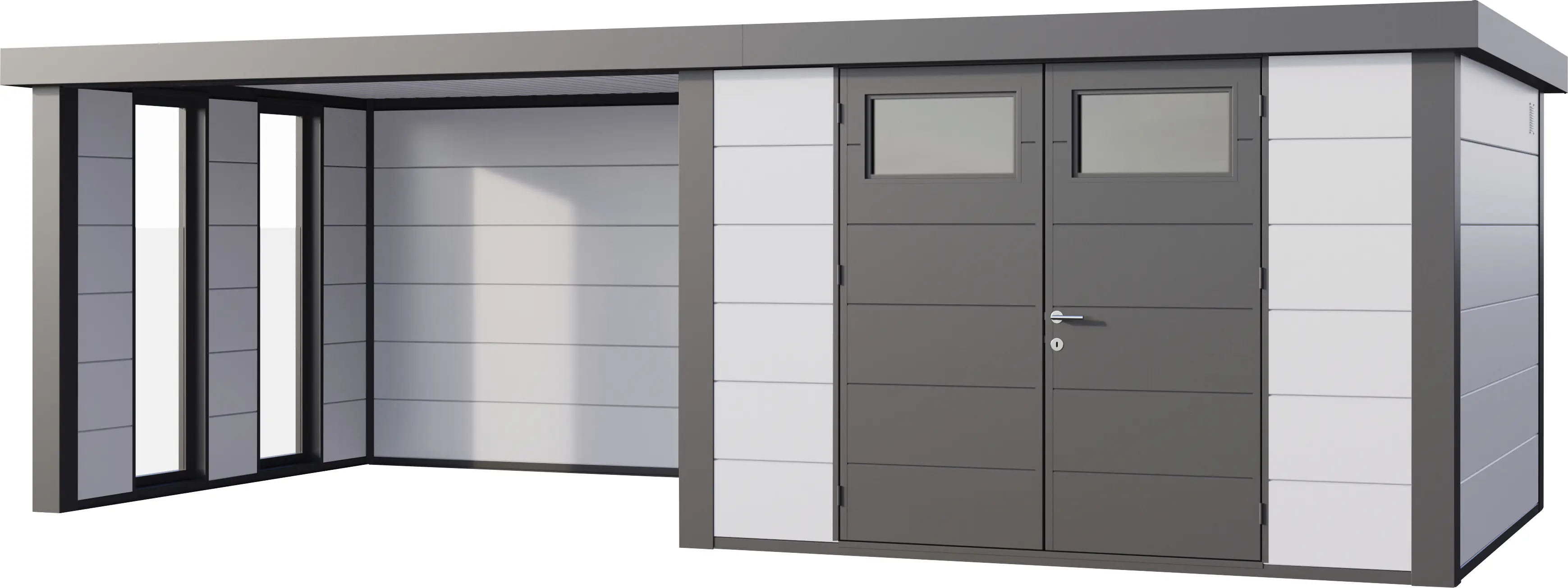 Telluria Gerätehaus Classico Lounge L mit Fenstern 3030 links weiß 642 x 298 cm