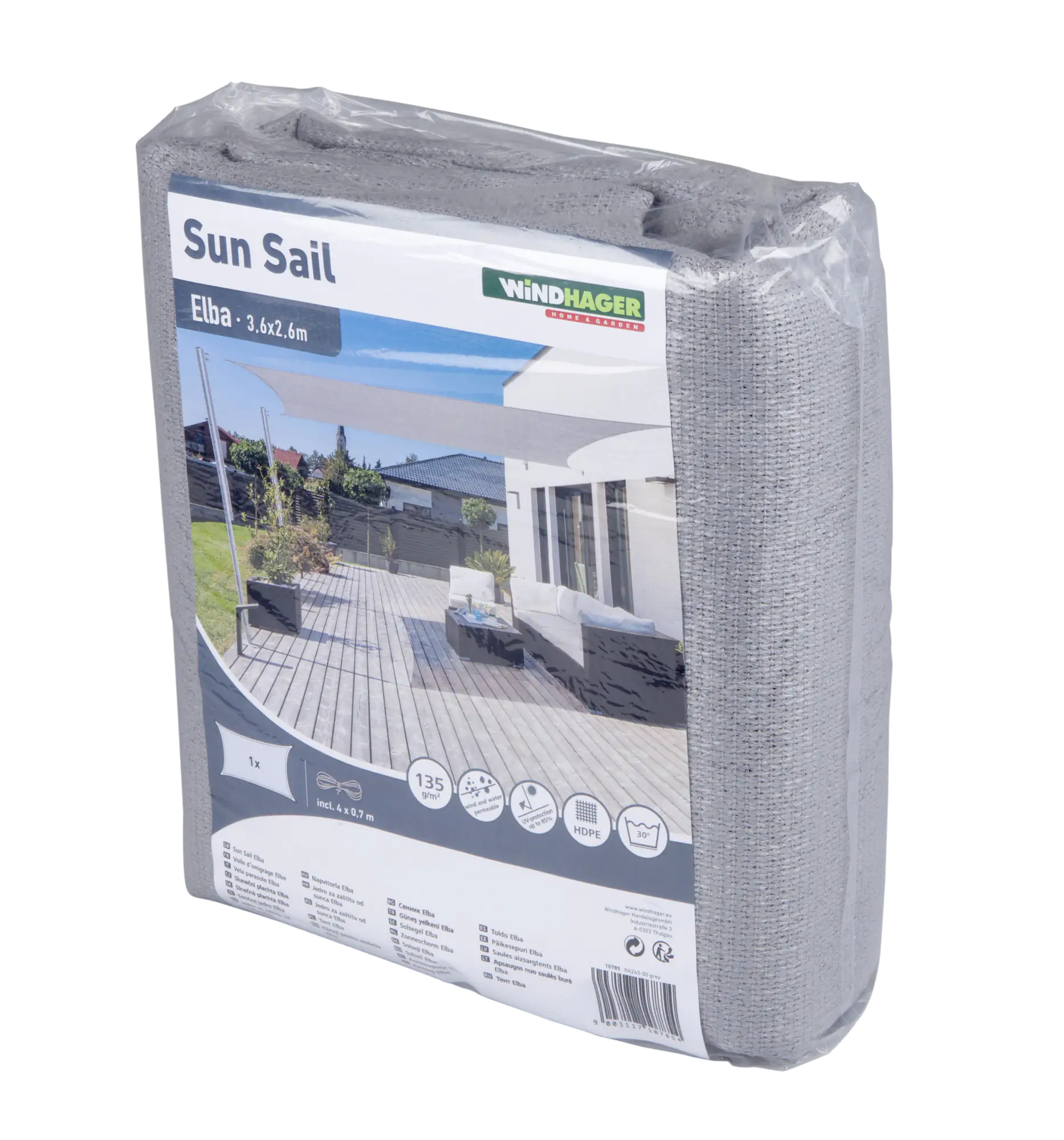 Windhager Sonnensegel Elba grau 3,6 x 2,6 m