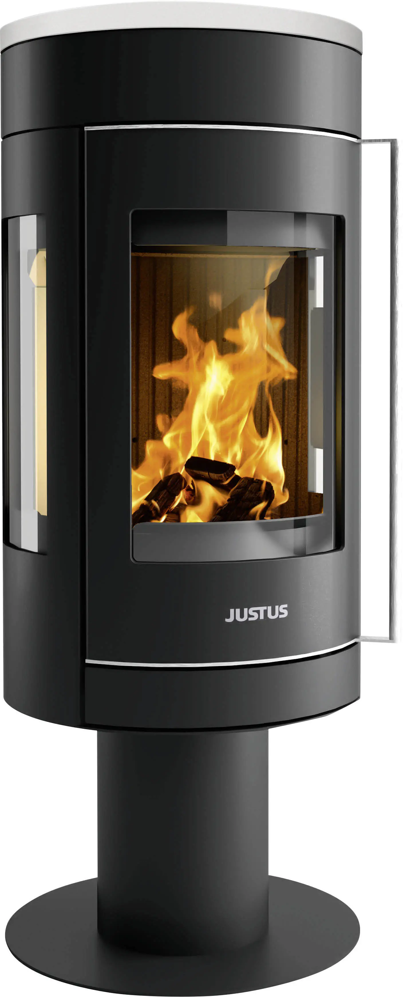 Justus Kaminofen Meva Stahl schwarz mit Abdeckplatte Keramik seidenweiß 5,5 kW
