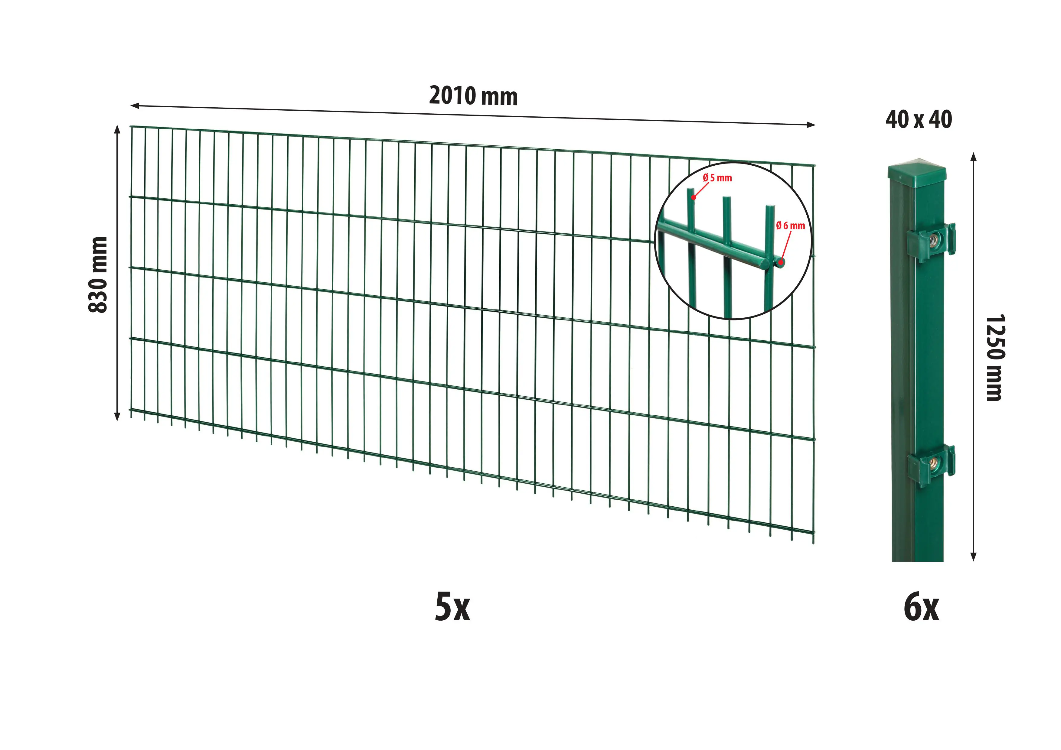 Floraworld Doppelstabmatten-Zaun Set 10 m 201 x 83 cm inkl. 6 Pfosten 125 cm moosgrün