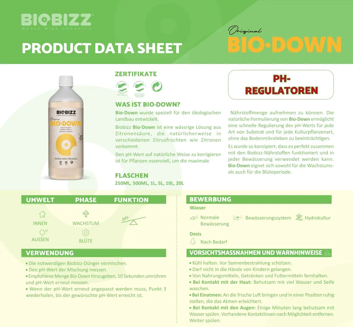 BioBizz Grow Bio-Down pH-Regulator 250 ml