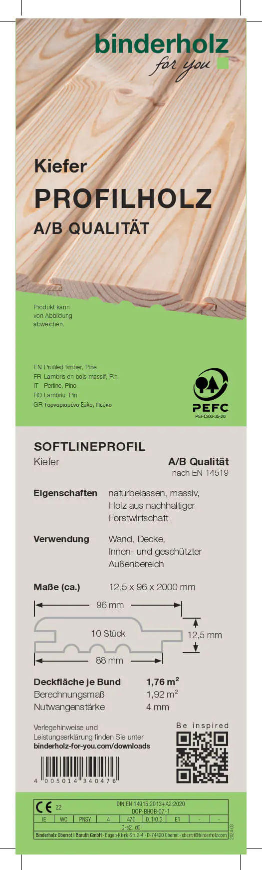 Profilholz Kiefer A B-Sortierung Softlineprofil 200 x 9,6 cm 12,5 mm