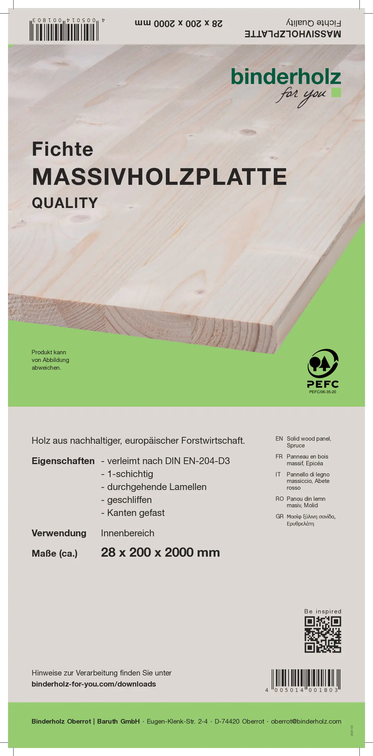 Massivholzplatte Fichte Oberfläche geschliffen 200 x 20 cm 28 mm