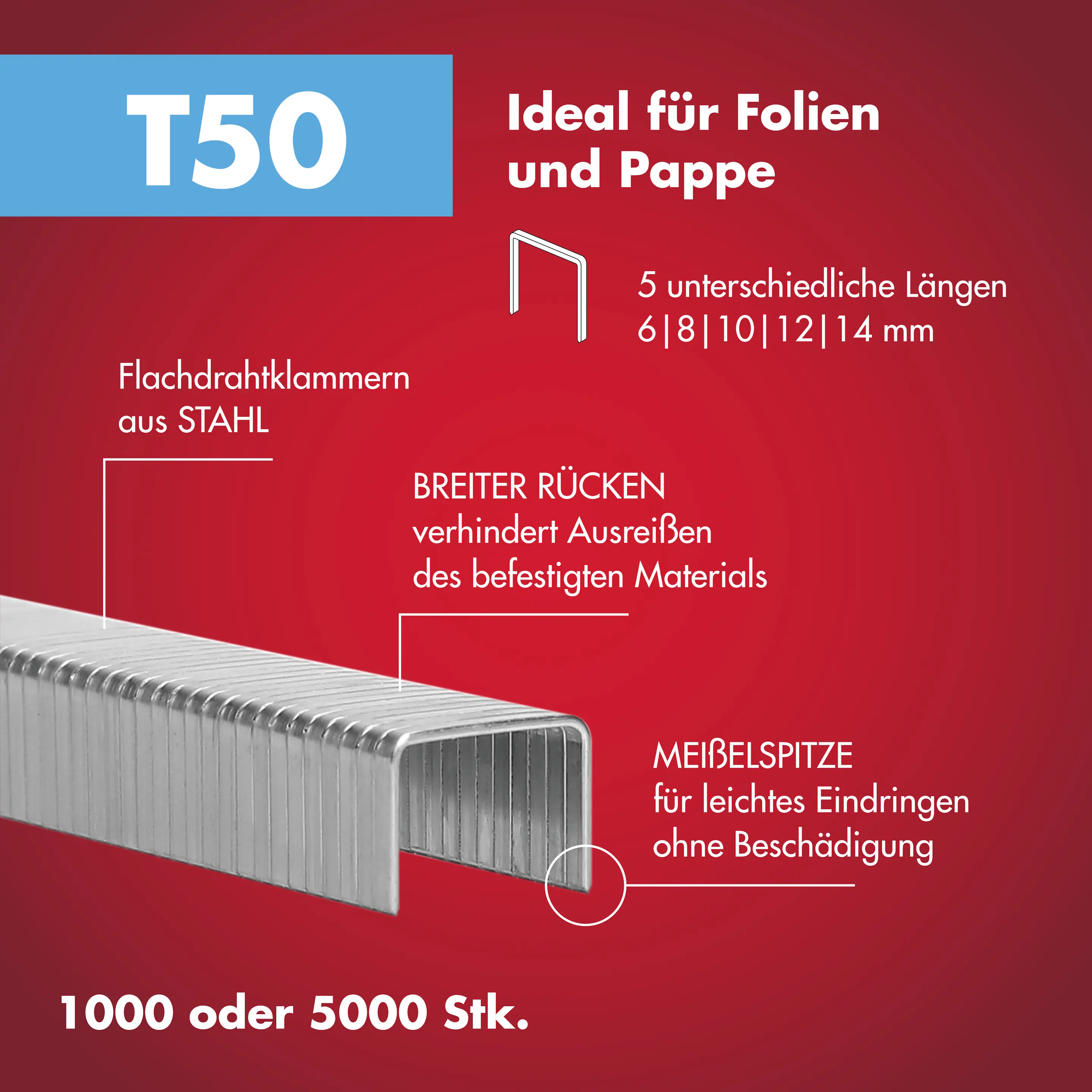 Arrow Tackerklammer Flachtdraht T50 12 mm Folie 1000 Stück