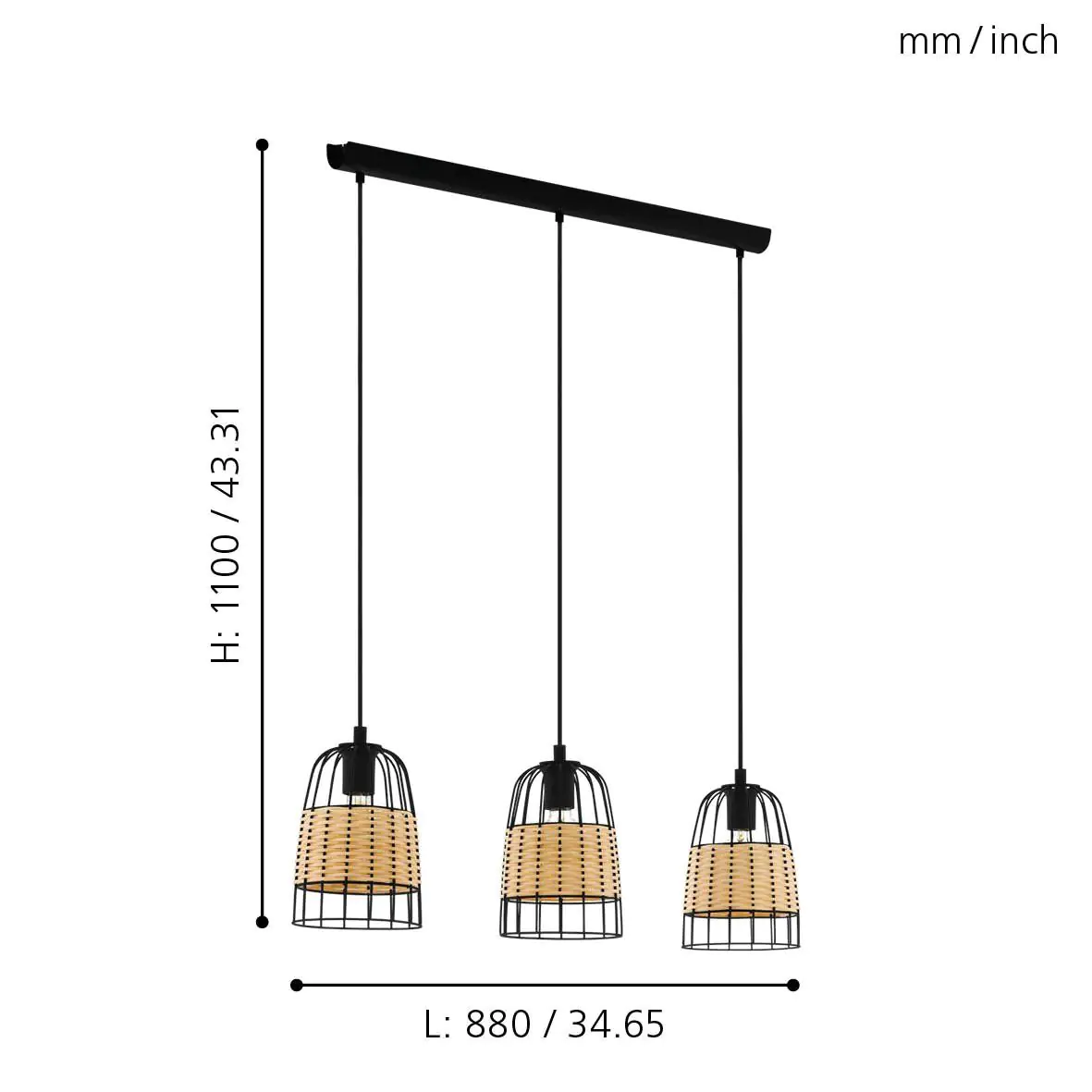 Eglo 3er Pendelleuchte Anwick natur 88 x 18 cm E27, max. 60 W