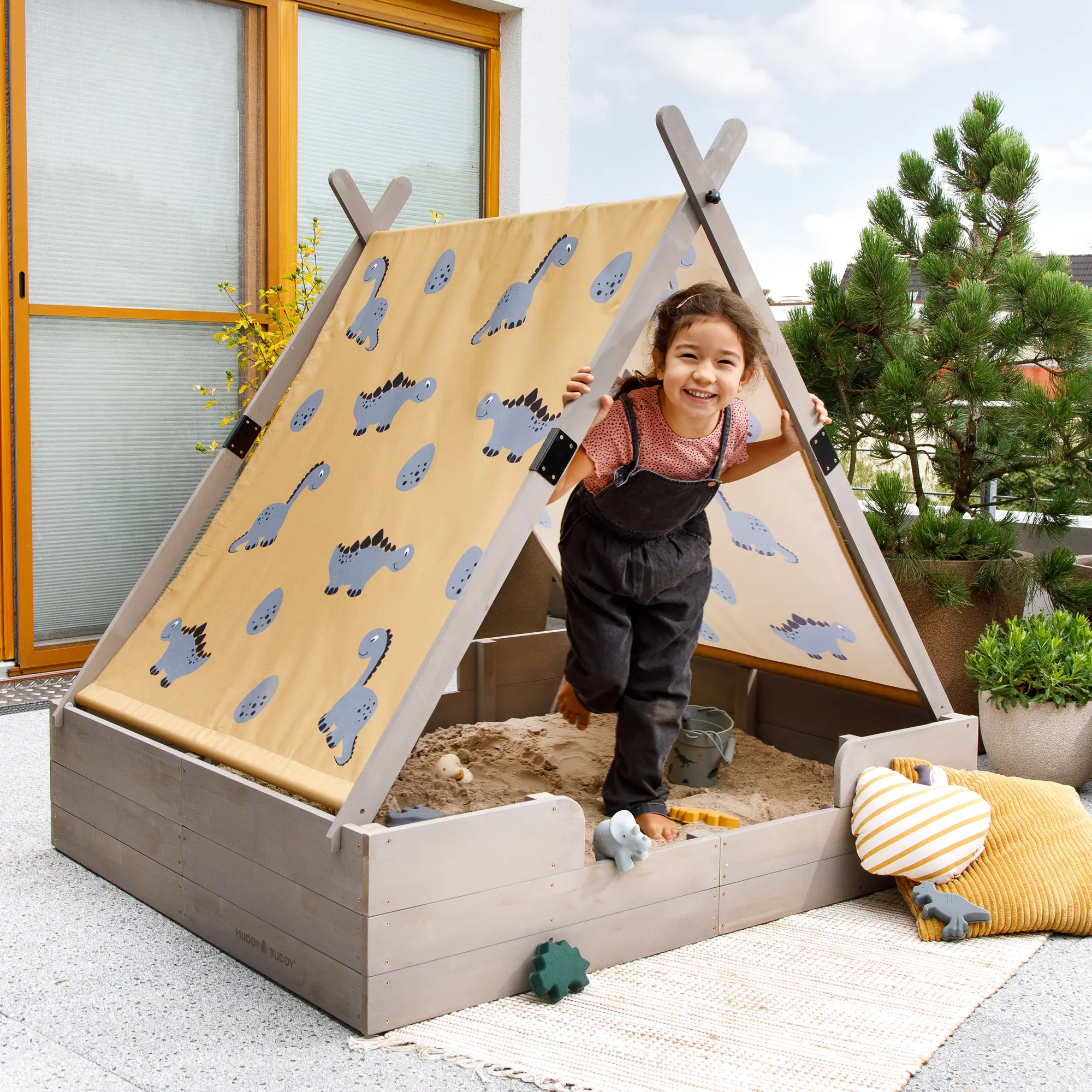 Muddy Buddy Sandkasten mit Zelt Dino Lover 140 x 120 x 140 cm