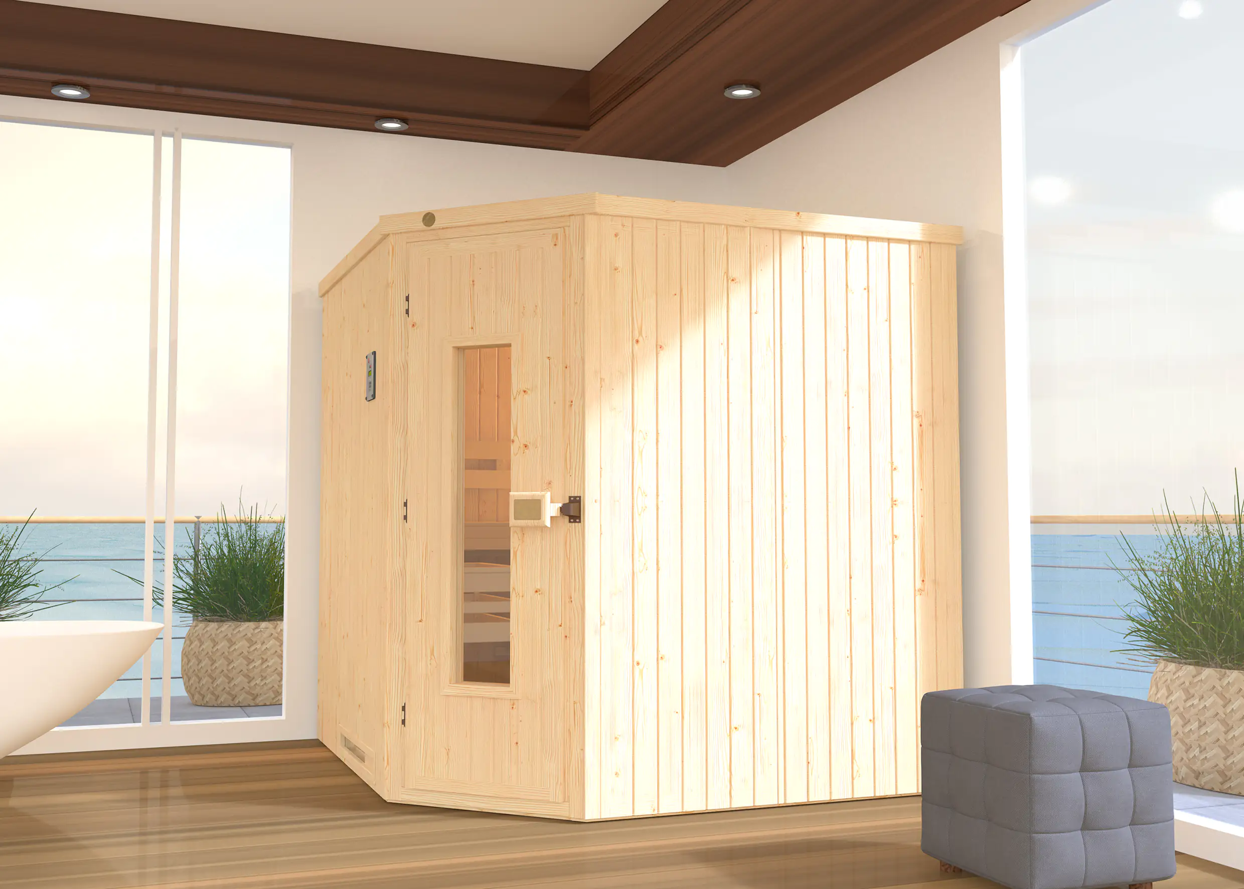 Weka Element-Ecksauna Varberg 3 mit Holztür