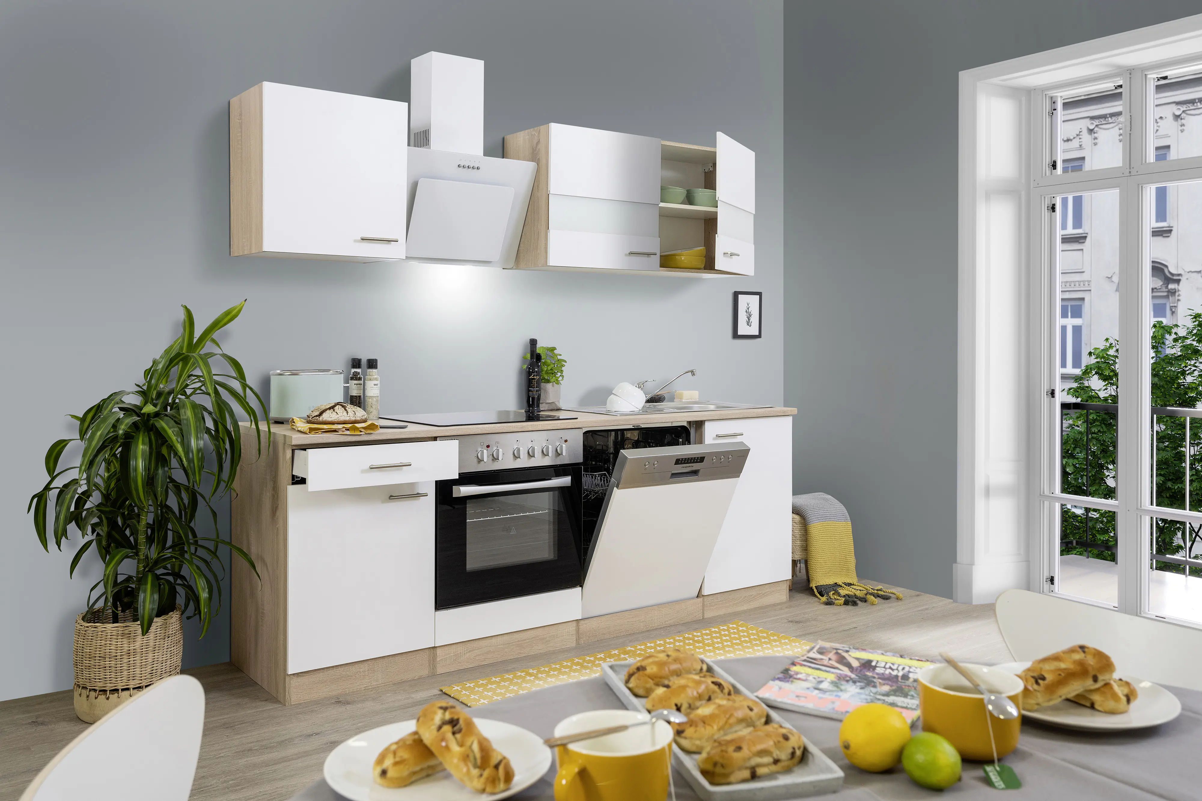 Respekta Economy Küchenblock 220 cm weiß, Eiche Sonoma, KB220ESWSWC