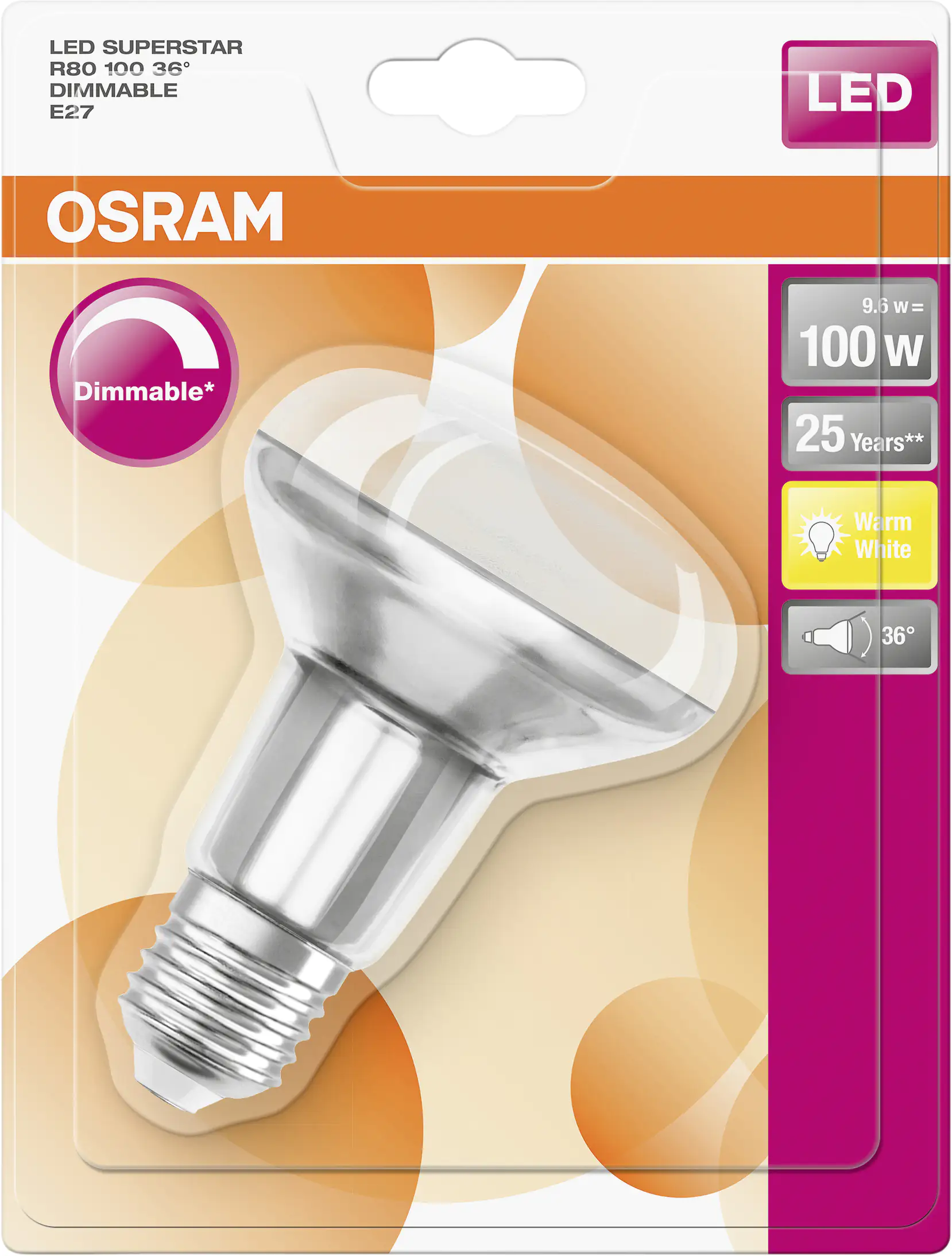 Osram LED Leuchtmittel Superstar R80 E27 9,9W warmweiß, dimmbar, klar