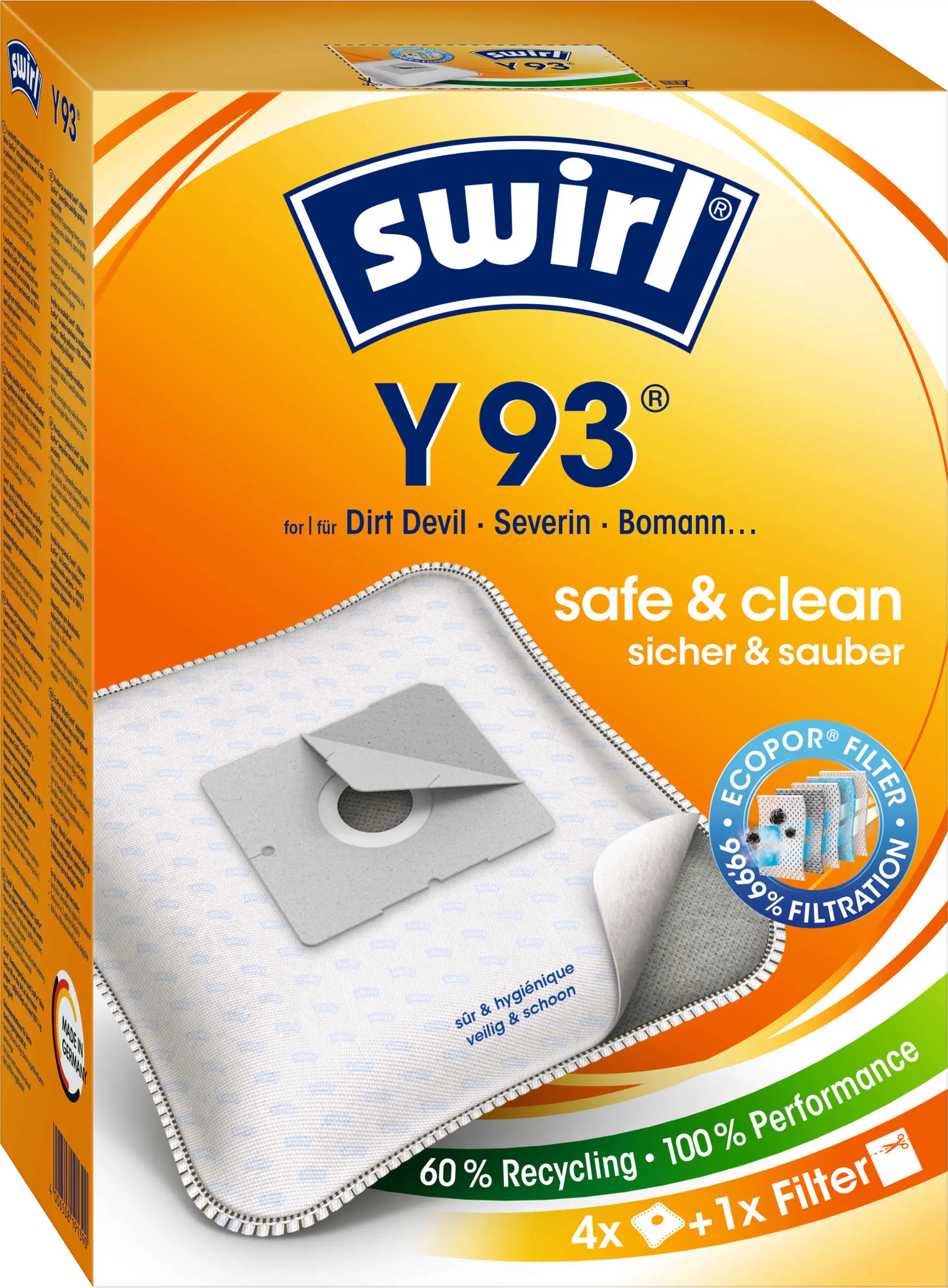 Swirl Y 93 EcoPor Staubsaugerbeutel 4 Staubbeutel + 1 Filter