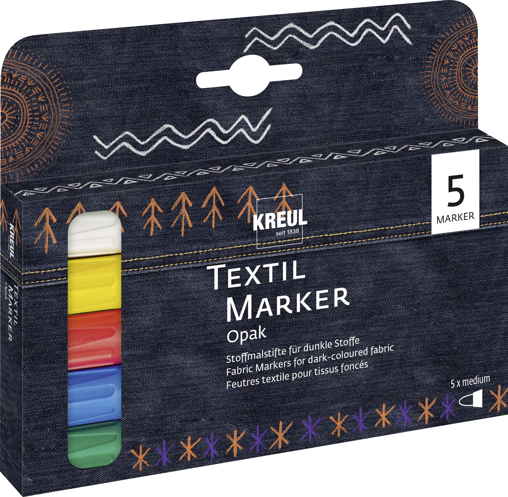 Kreul Javana Stoffmalstifte Opak 5er Set helle & dunkle Stoffe texi mäx