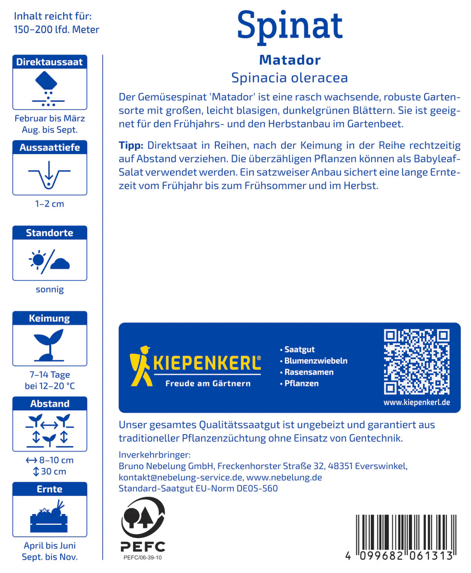 Kiepenkerl Saatgut Spinat Matador Vorteilspackung für ca. 2 – 3 m²
