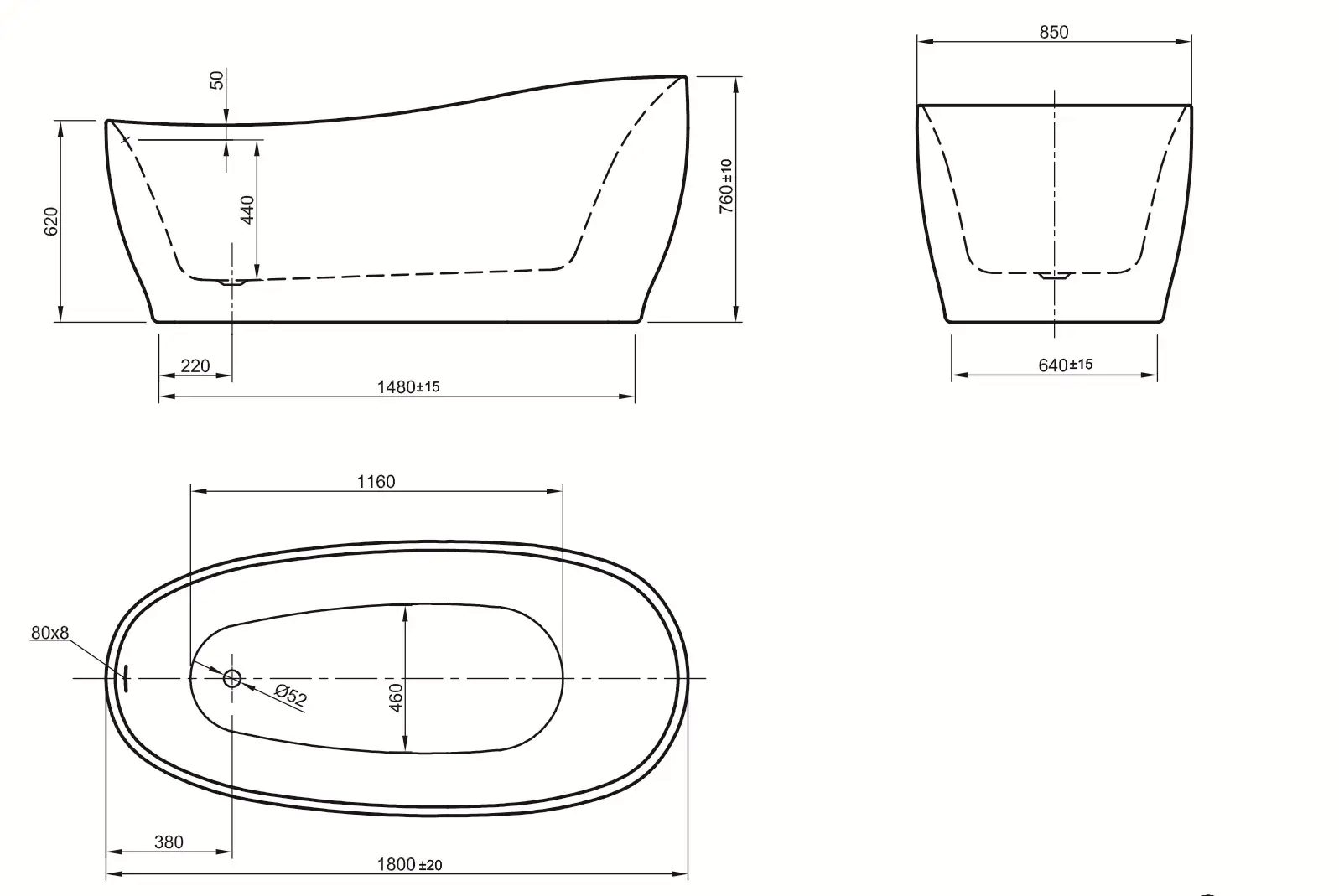 Ottofond Freistehende Badewanne Aviva 180 x 85 x 44 cm, schwarz/weiß