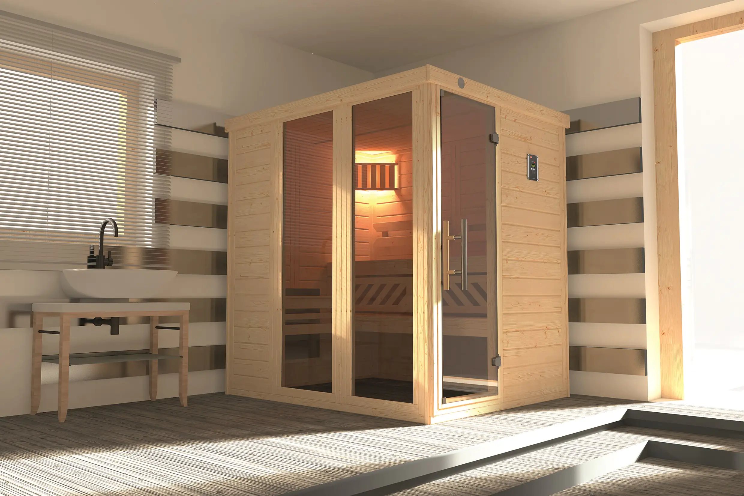 Weka Massivholz Elementsauna Kemi Panorama 1 mit Glastür 2 Fenstern BioS Saunaofen