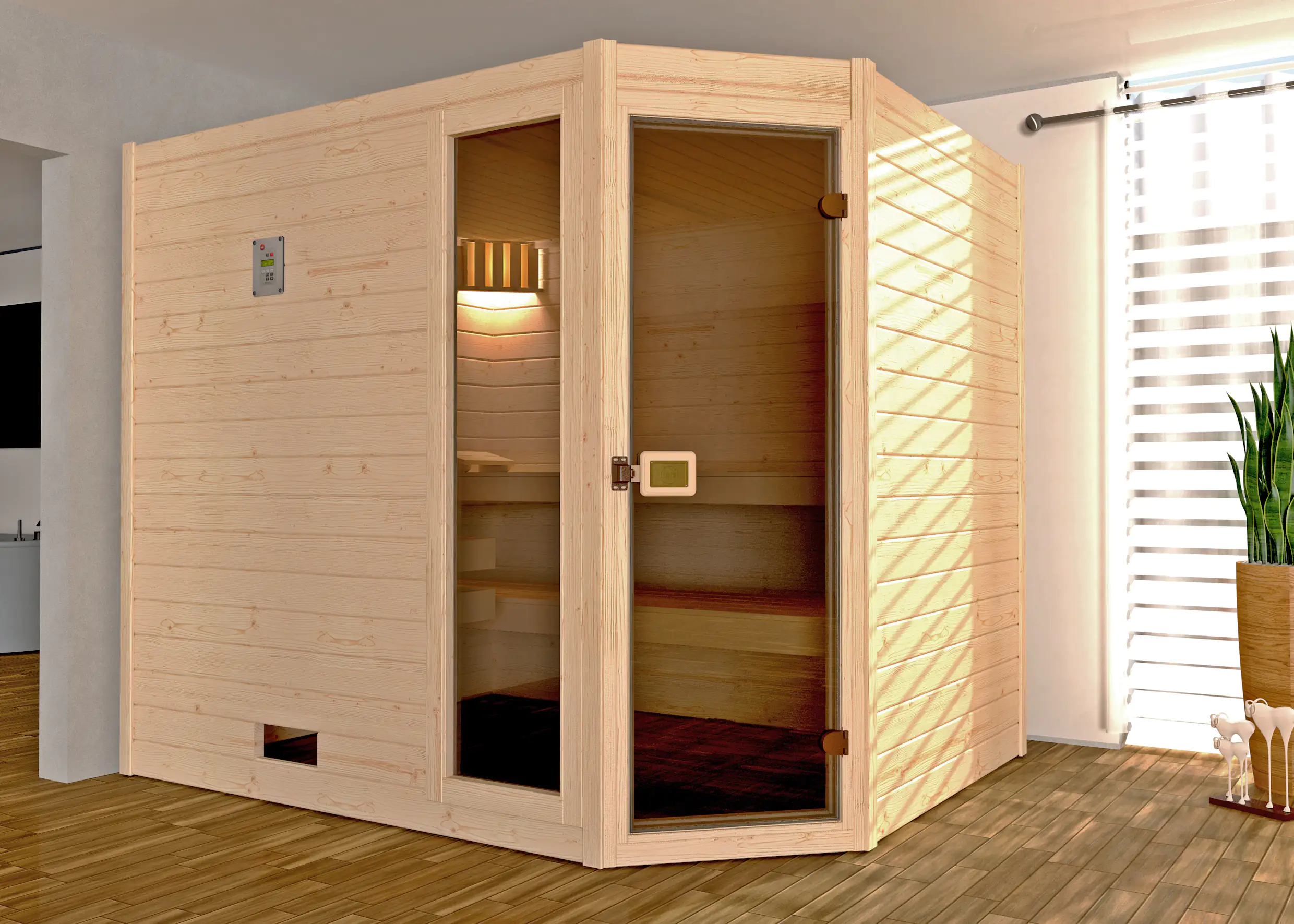 Weka Massivholzsauna Valida Eck 3 mit Glastür und Fenster