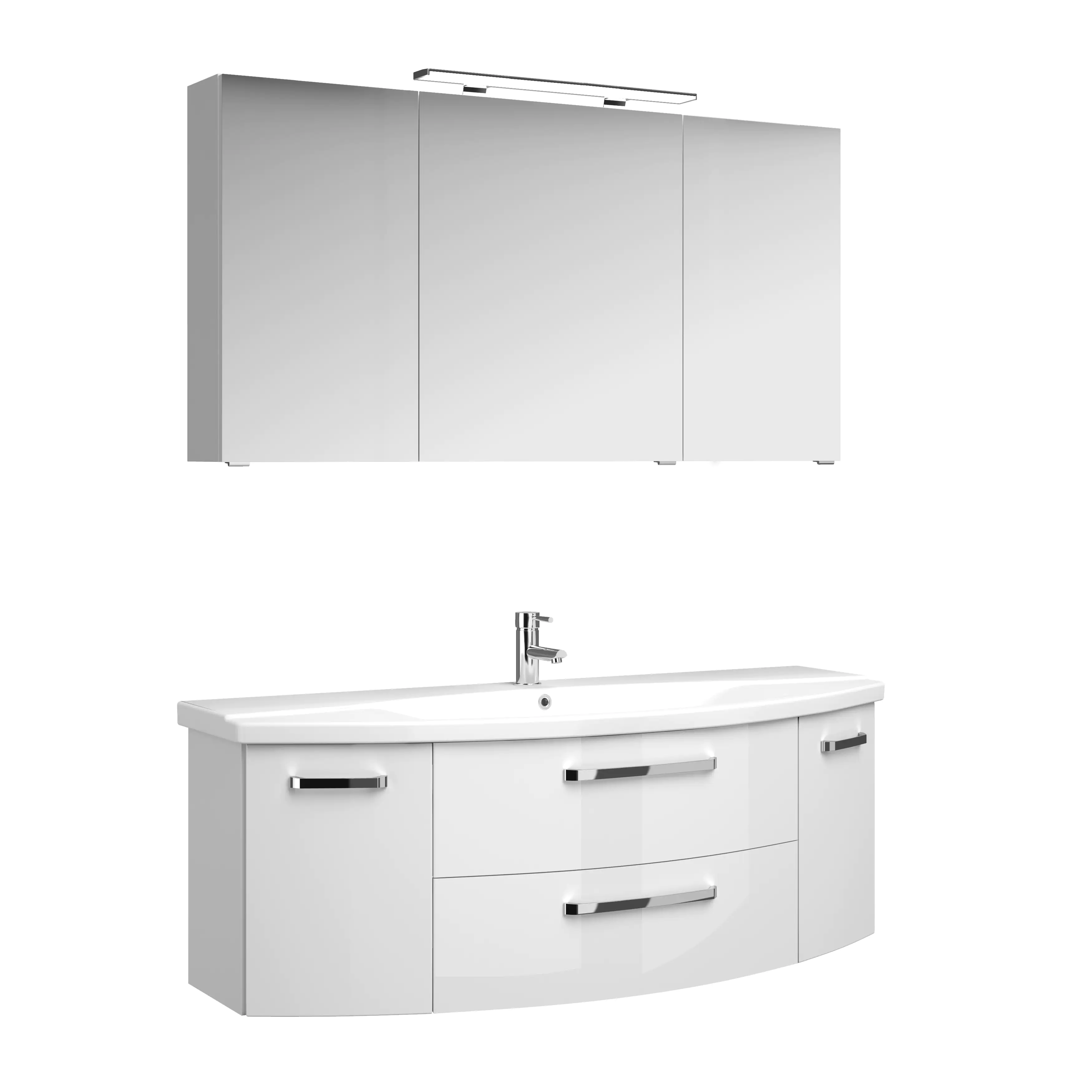Pelipal Badmöbel-Set 4010 Weiß Hgl/Weiß Glanz mit Keramik-Waschtisch + LED-Leuchte 144 cm
