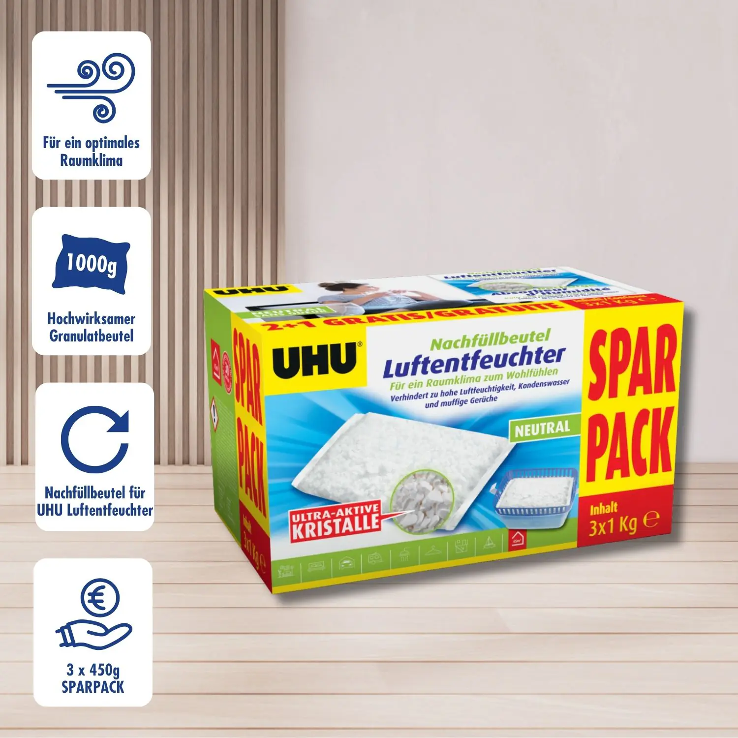 UHU Luftentfeuchter Nachfüllbeutel Sparpack, 3 x 1000 g Sparpack
