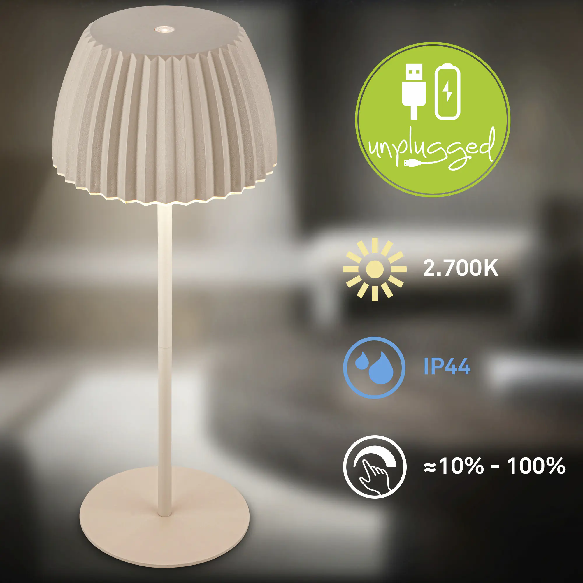 Briloner LED-Tischleuchte Riffle mit Akku beige dimmbar