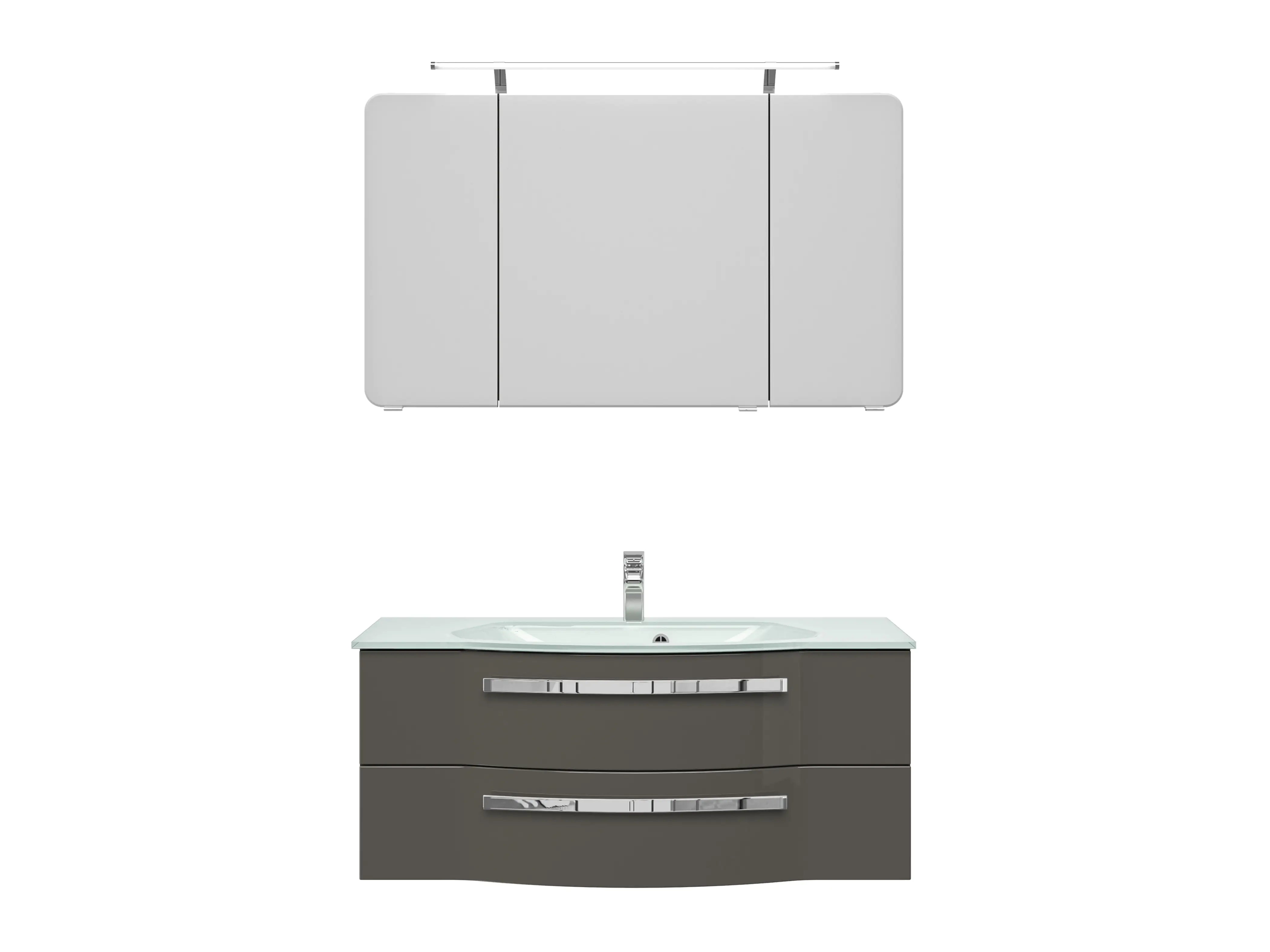 Pelipal Badmöbel-Set 4005 Lack steingrau Hgl mit Glas-Waschtisch + LED-Leuchte 120 cm