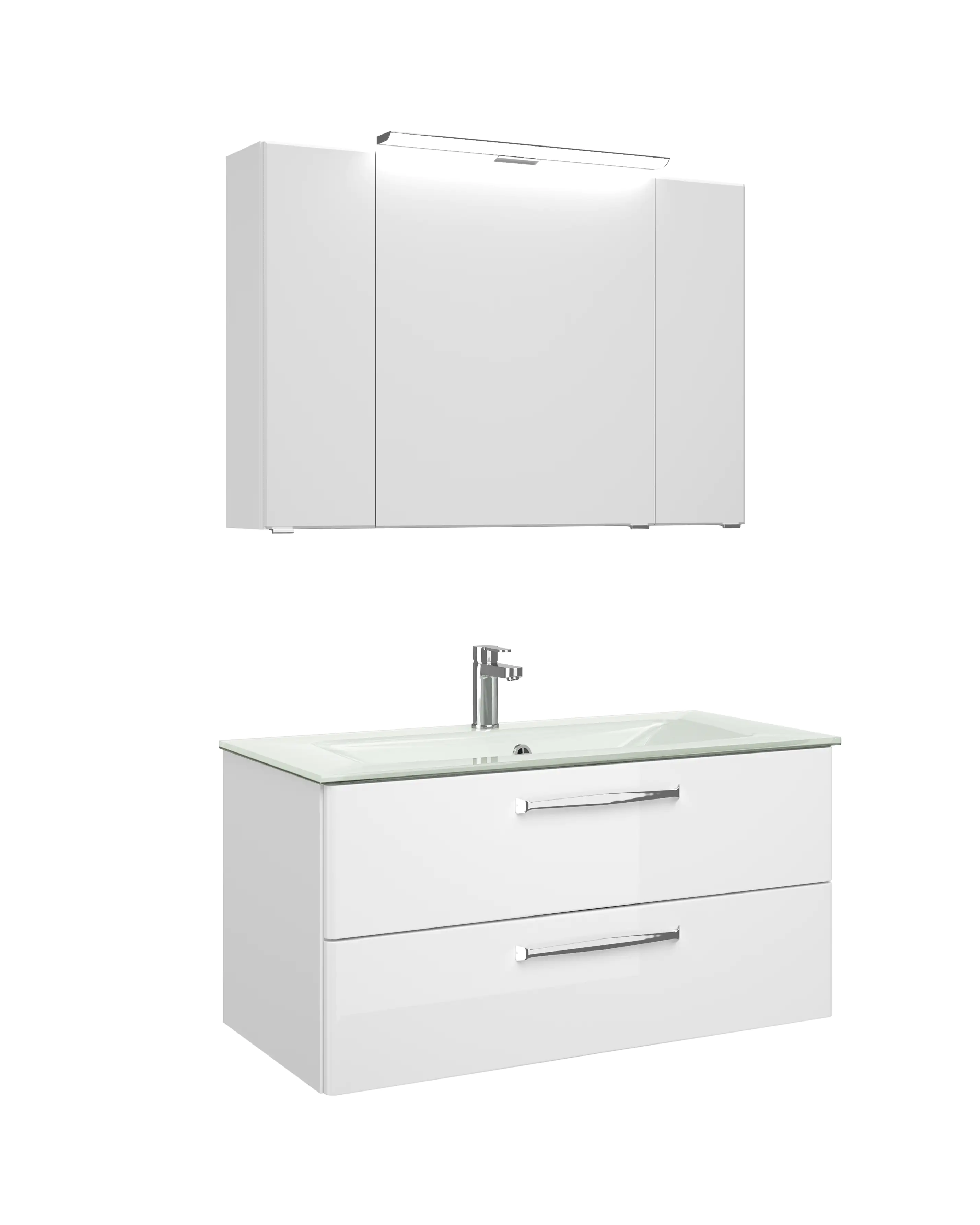 Pelipal Badmöbel-Set Trentino Weiß Hgl/Weiß Glanz mit Glas-Waschtisch + LED-Aufsatzleuchte 107 cm