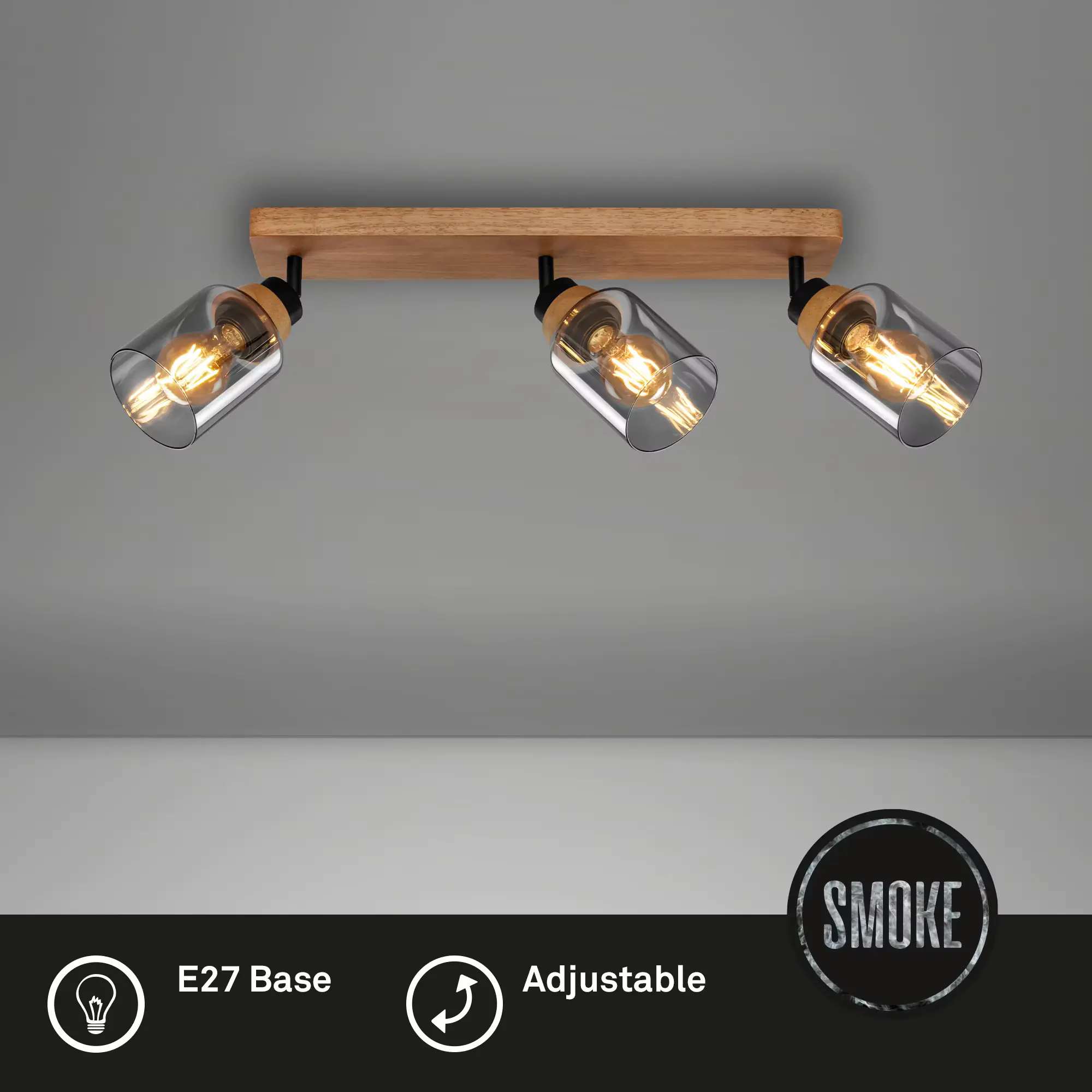 Briloner Spotleuchte mit Holz, Rauchglas 3xE27
