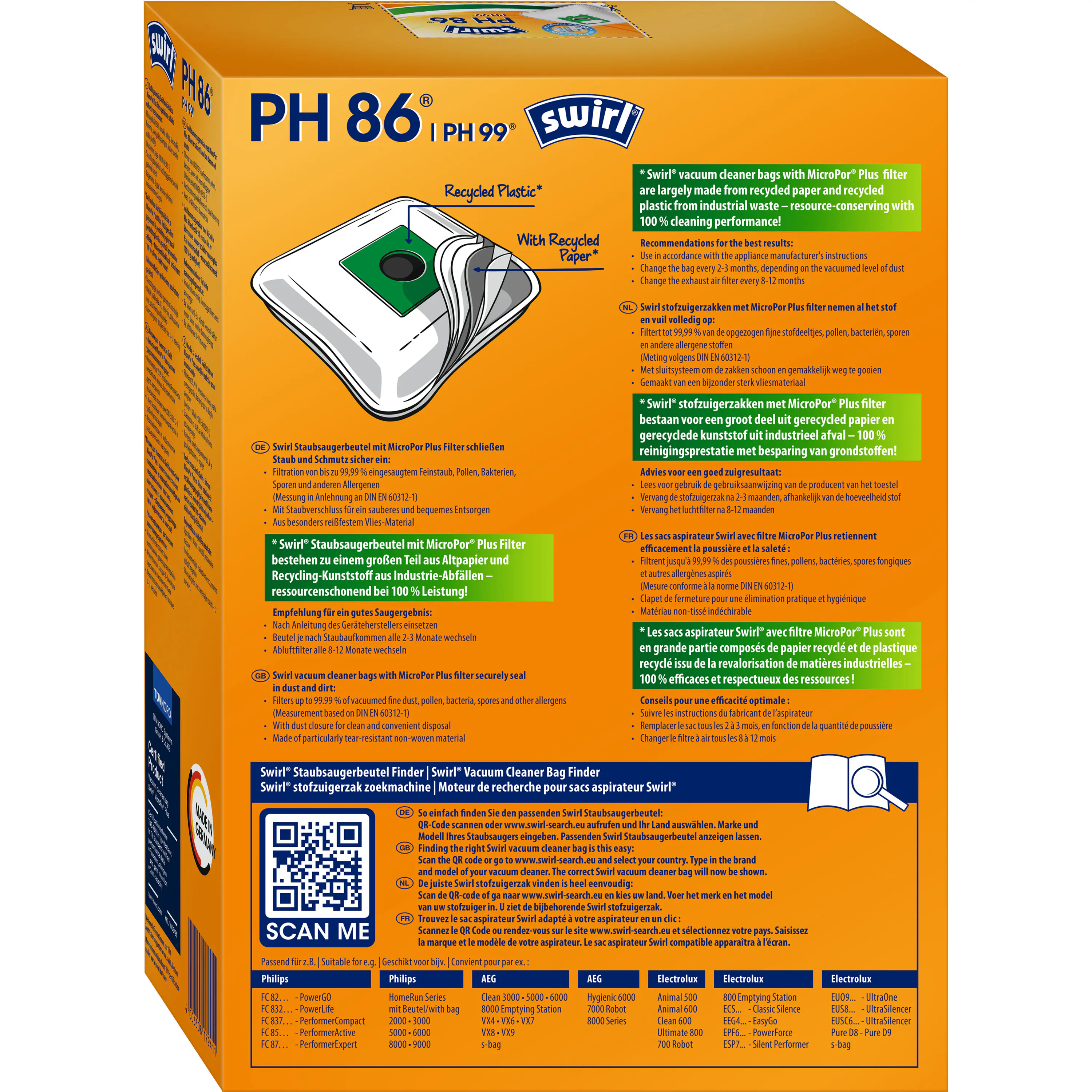 Swirl PH 86 / PH 99 EcoPor Staubsaugerbeutel 4 Staubbeutel + 1 Filter