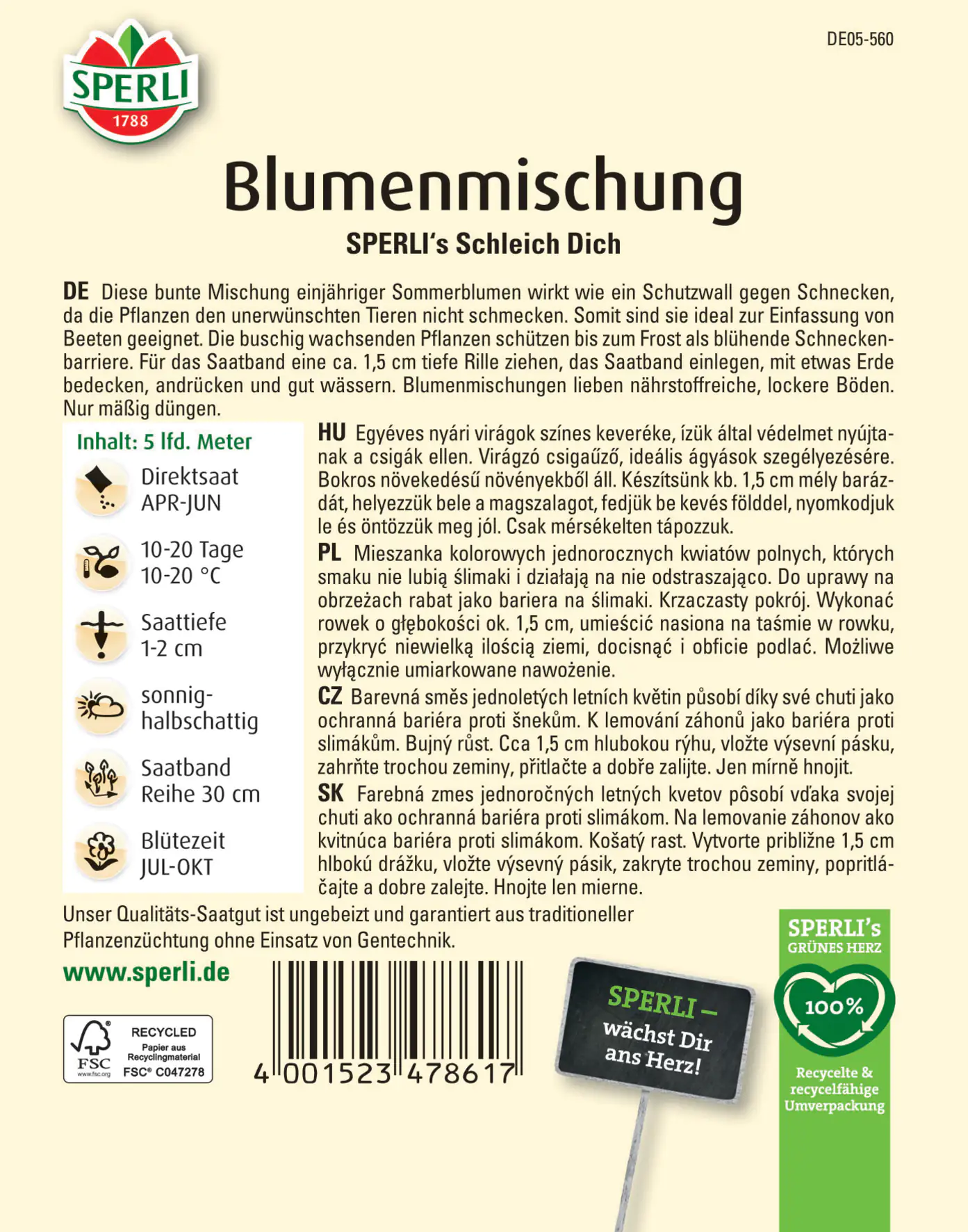 Sperli Blumenmischung Blühende Schneckenbarriere SPERLI's Schleich Dich Saatband