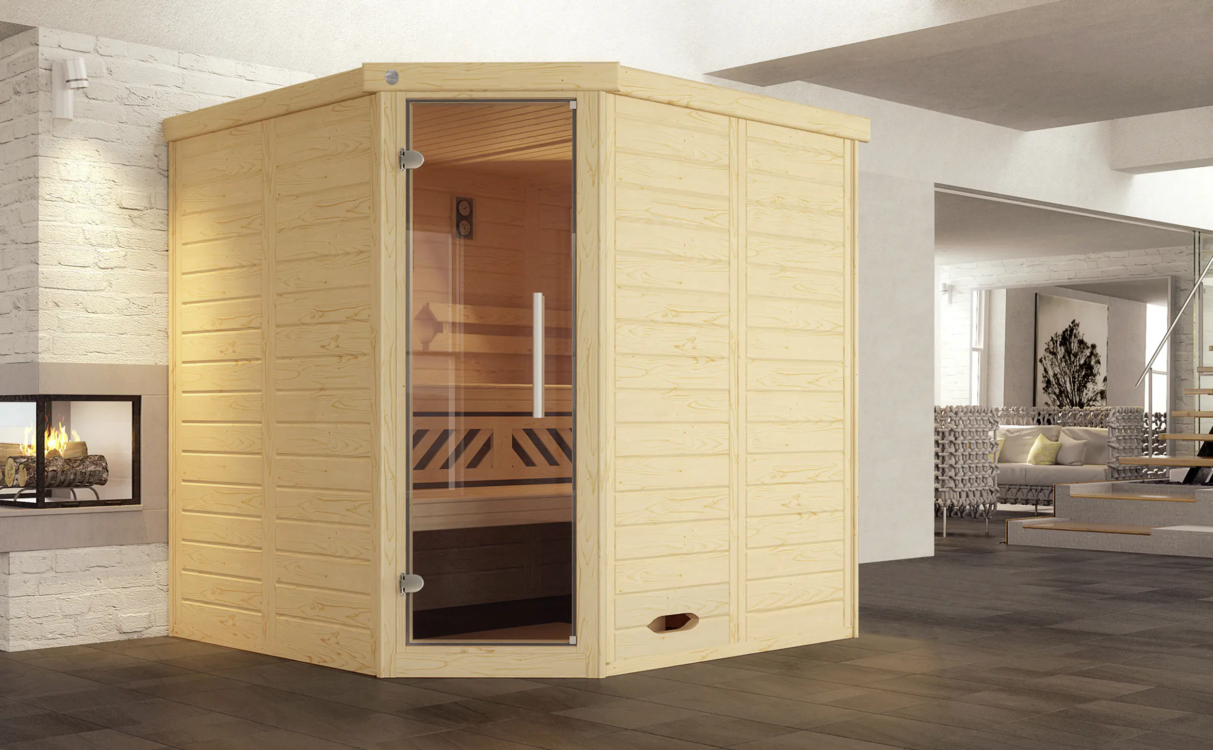 Weka Massivholz-Eck-Sauna Kemi Eck 2 mit Glastür
