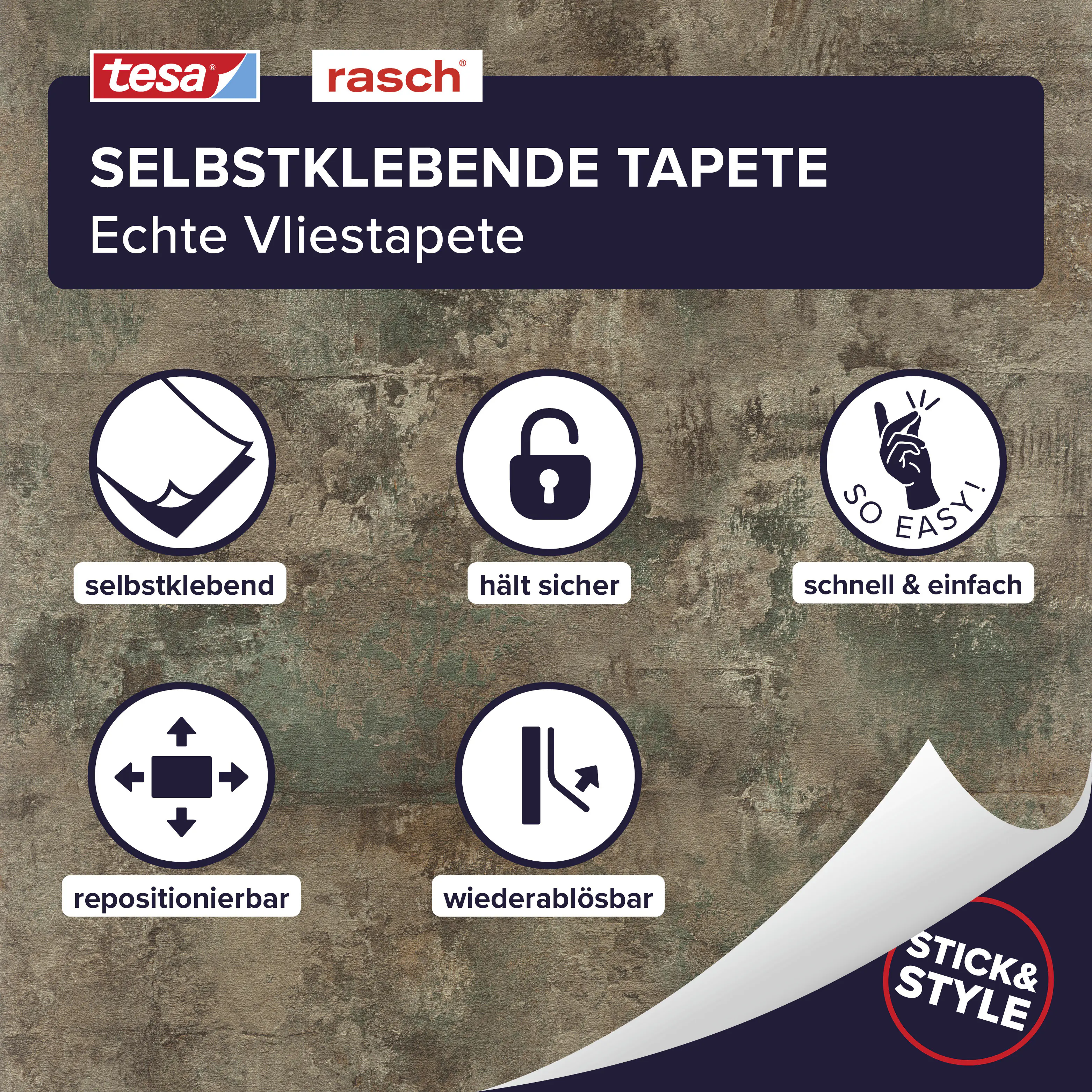 Tesa x Rasch selbstklebende Vliestapete Atlas Betonoptik braun grün 6 x 0,53 m
