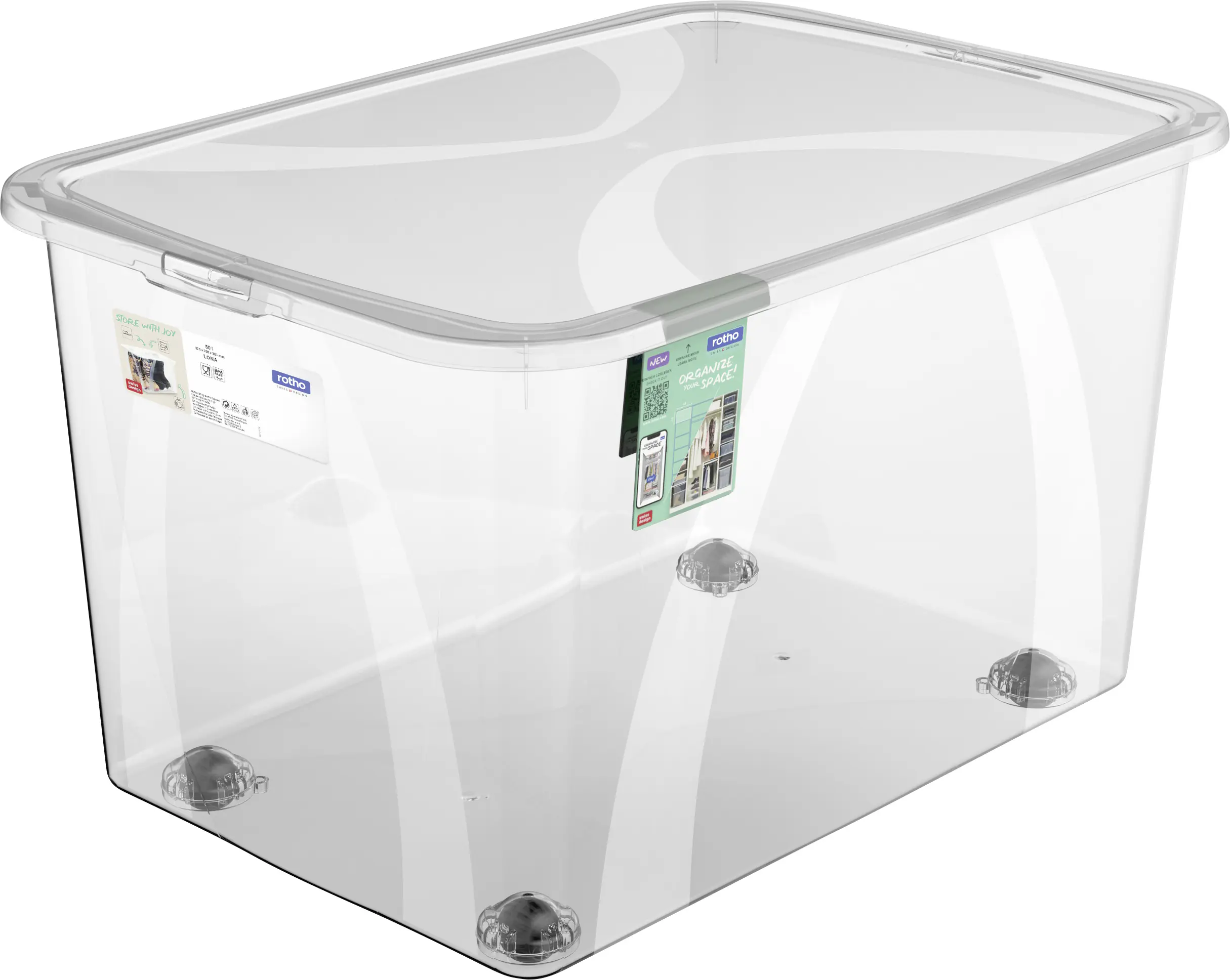 Rotho Aufbewahrungsbox Lona mit Deckel & Rollen 56,5 x 38,5 cm 50 L transparent