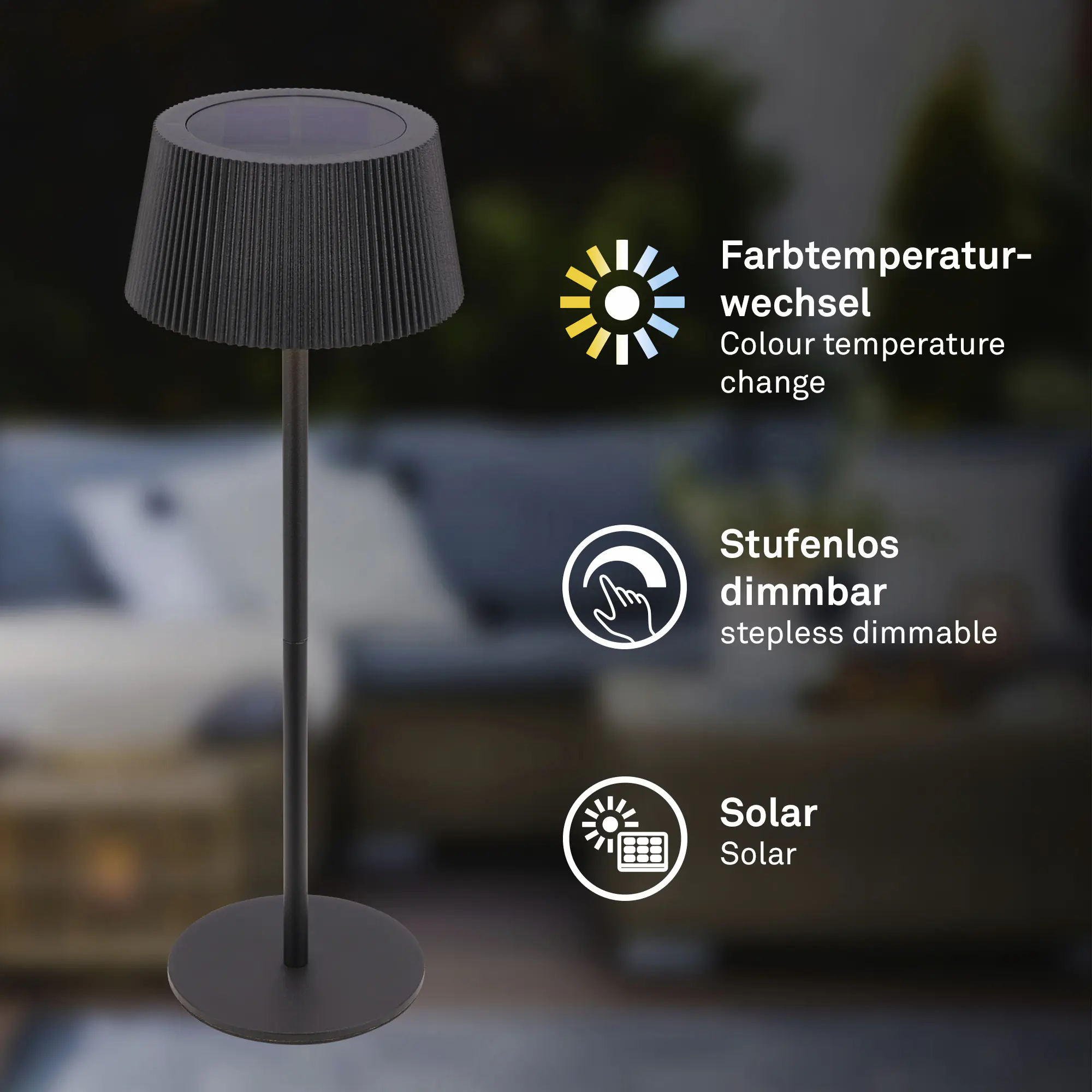 Briloner LED Solar-Tischleuchte Alia Ø 12 x 34 cm warmweiß-kaltweiß schwarz matt dimmbar