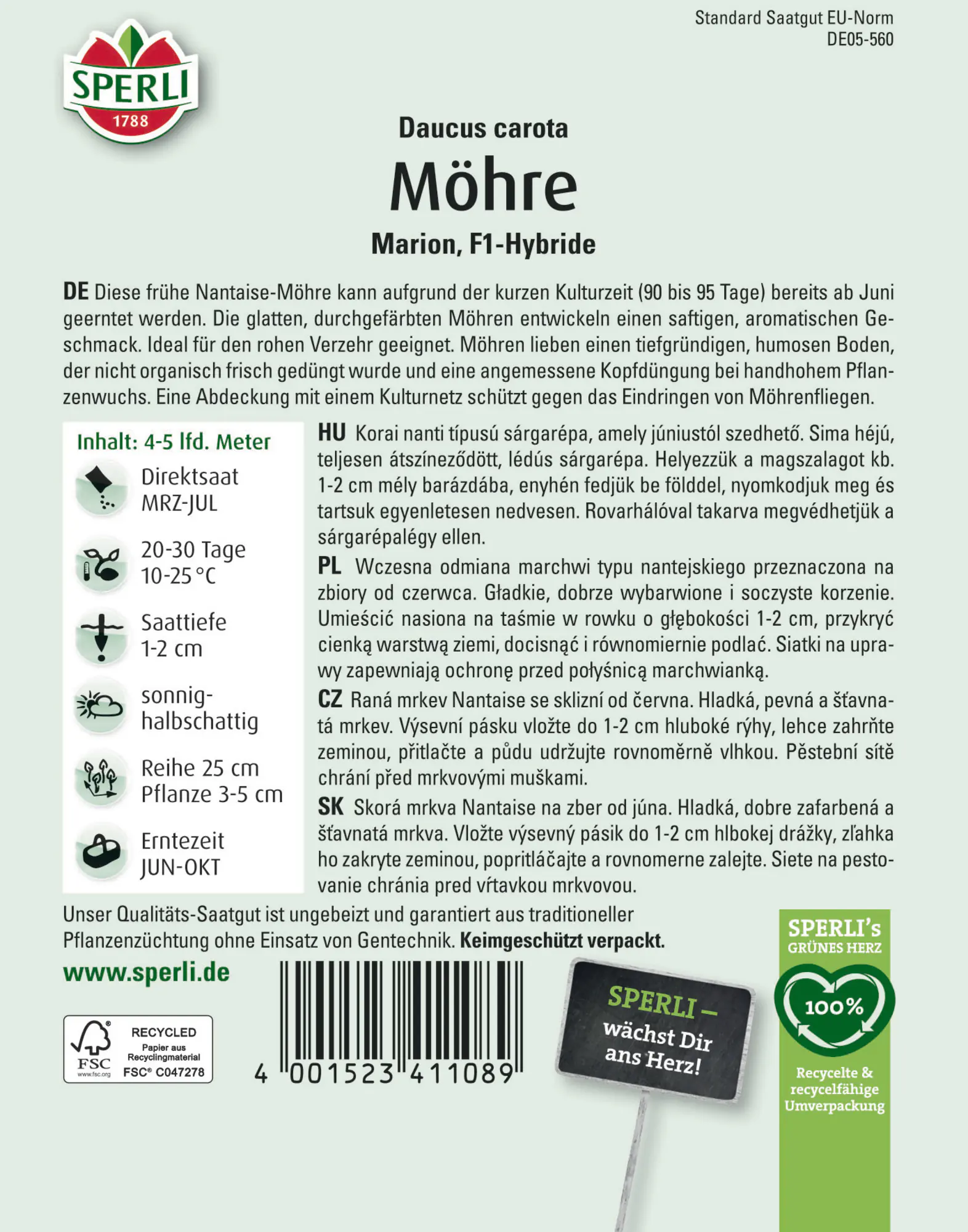 Sperli Saatgut Möhren Marion F1 für bis zu 4-5 lfd. Meter