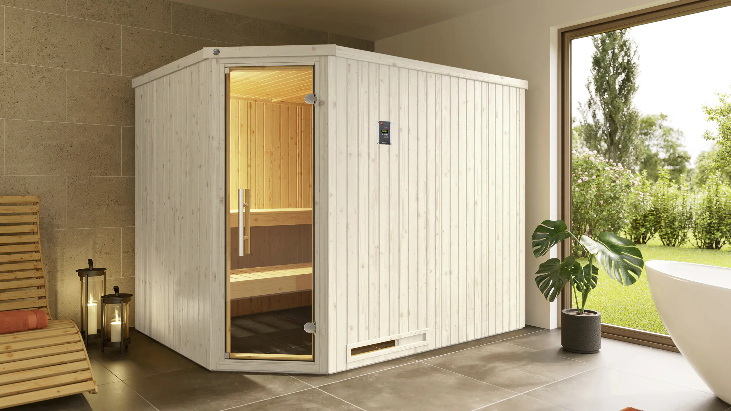 Weka Sauna Varberg 4 mit Glastür 4,65 m² + 7,5 kW Ofen